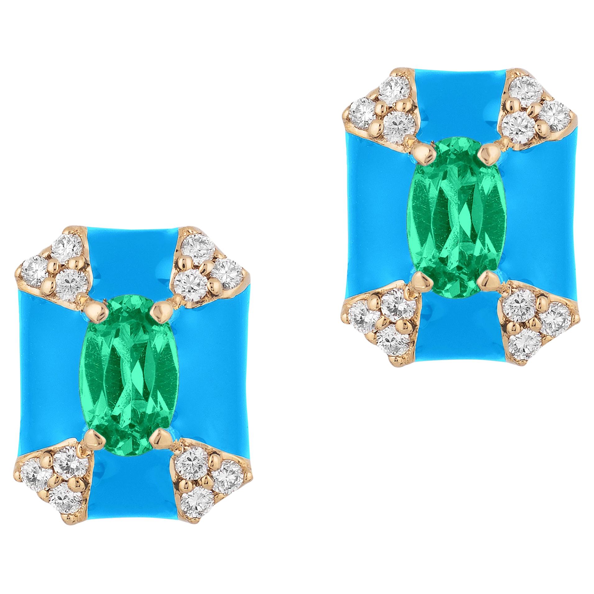Achteckige Türkis-Emaille-Ohrstecker aus Goshwara mit Smaragd und Diamanten