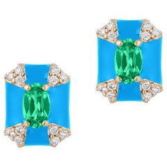 Goshwara Octagon Turquoise Enamel with Emerald and Diamonds Stud Earrings