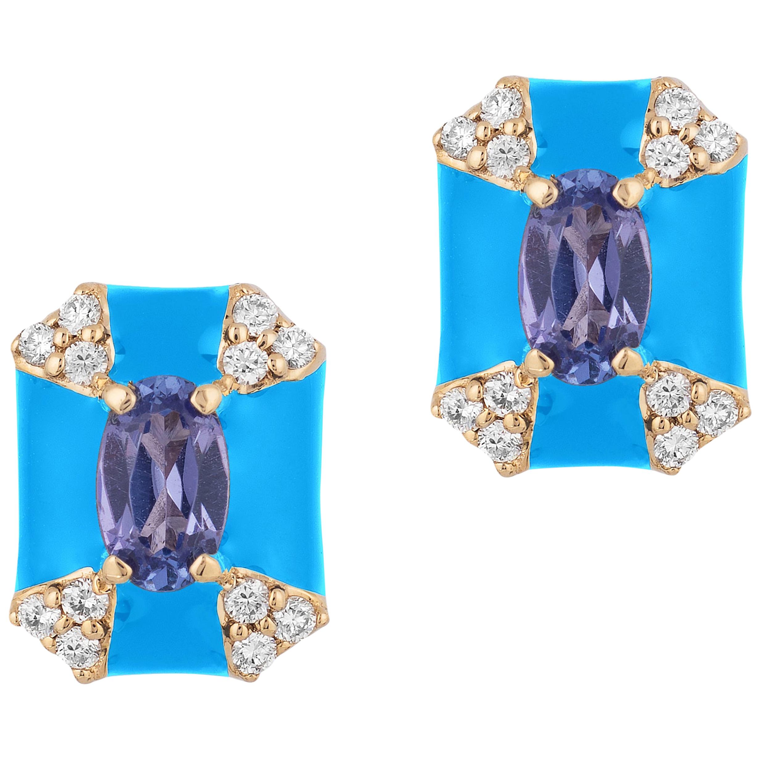 Goshwara Octagon Turquoise Enamel with Sapphire and Diamonds Stud Earrings For Sale