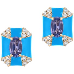 Goshwara Octagon Turquoise Enamel with Sapphire and Diamonds Stud Earrings