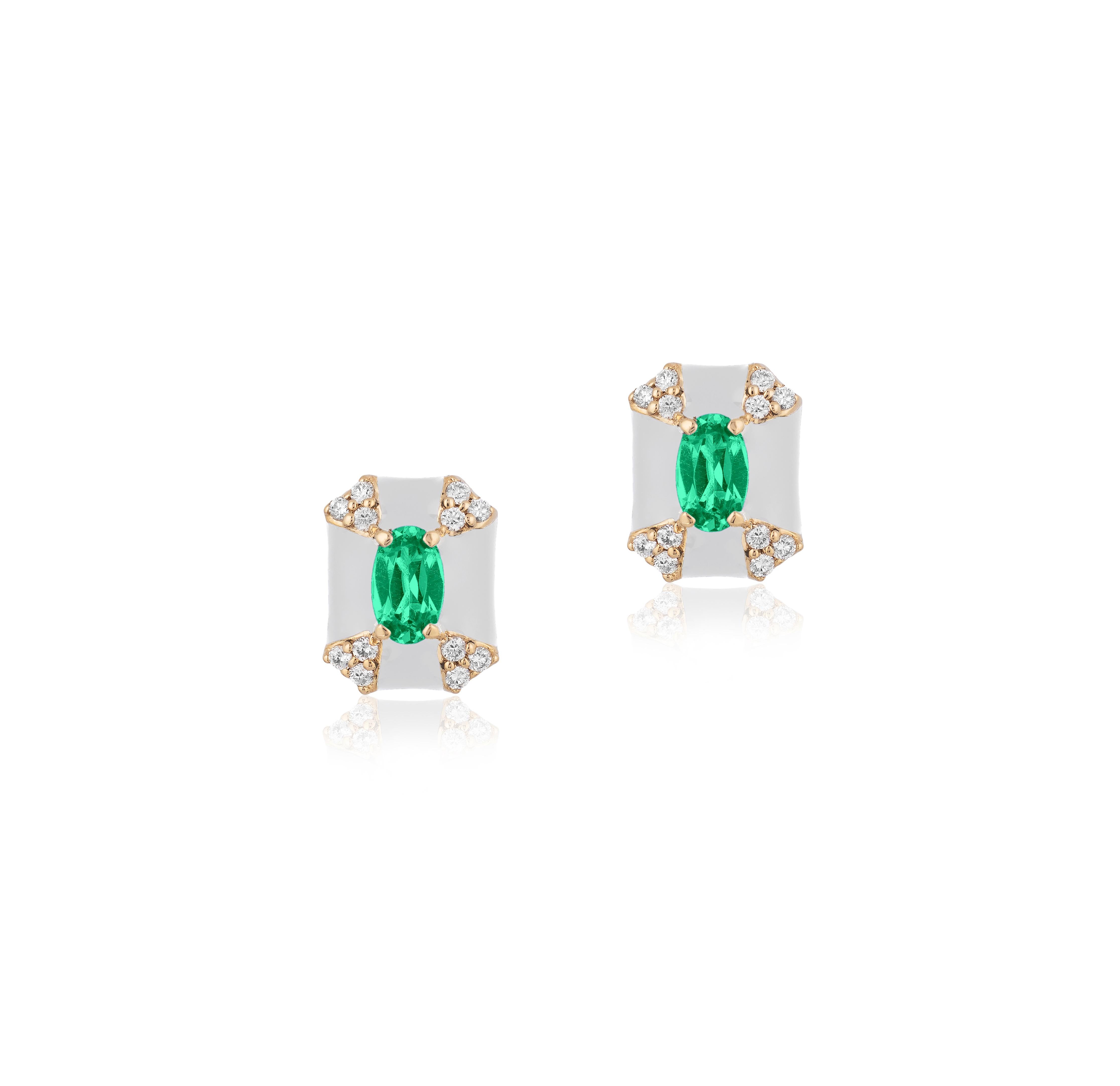 'Queen' Octagon White Enamel Stud Earrings with Emerald and Diamonds in 18K Yellow Gold.
Stone Size: 4 mm
Gemstone Approx. Wt: Emerald- 0.39 Carats 
Diamonds: G-H / VS, Approx. Wt: 0.14 Carats