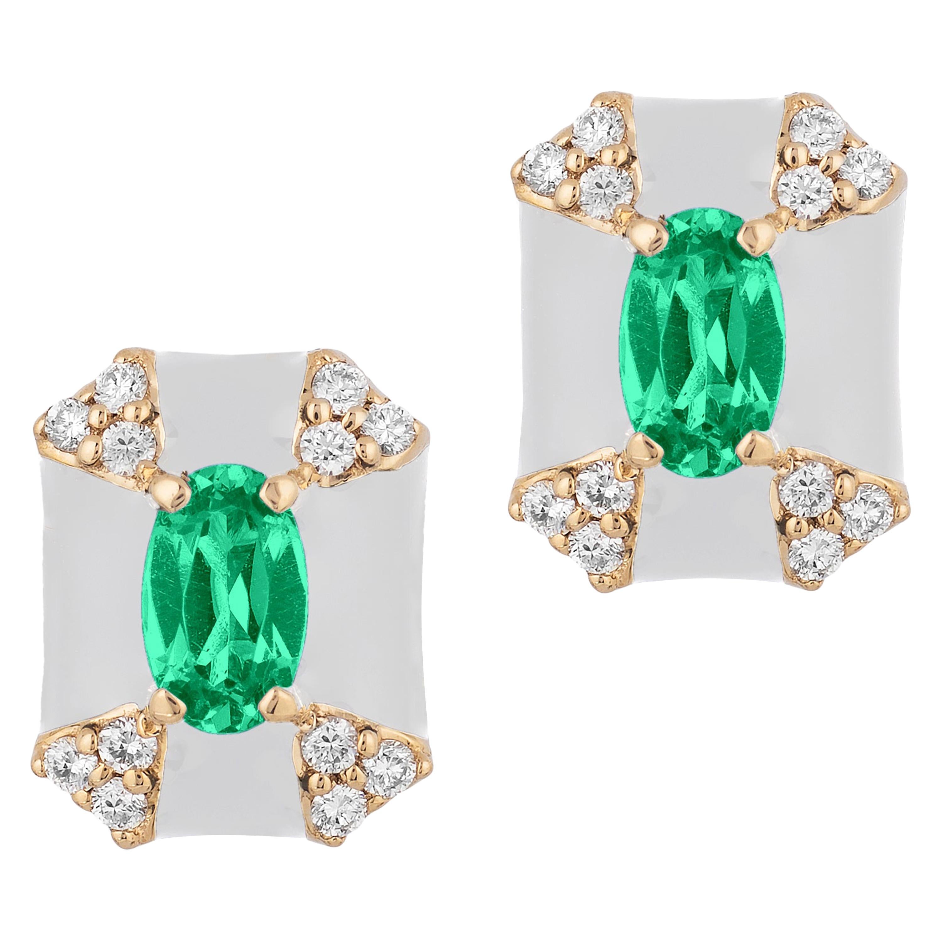 Goshwara Octagon White Enamel with Emerald and Diamonds Stud Earrings For Sale