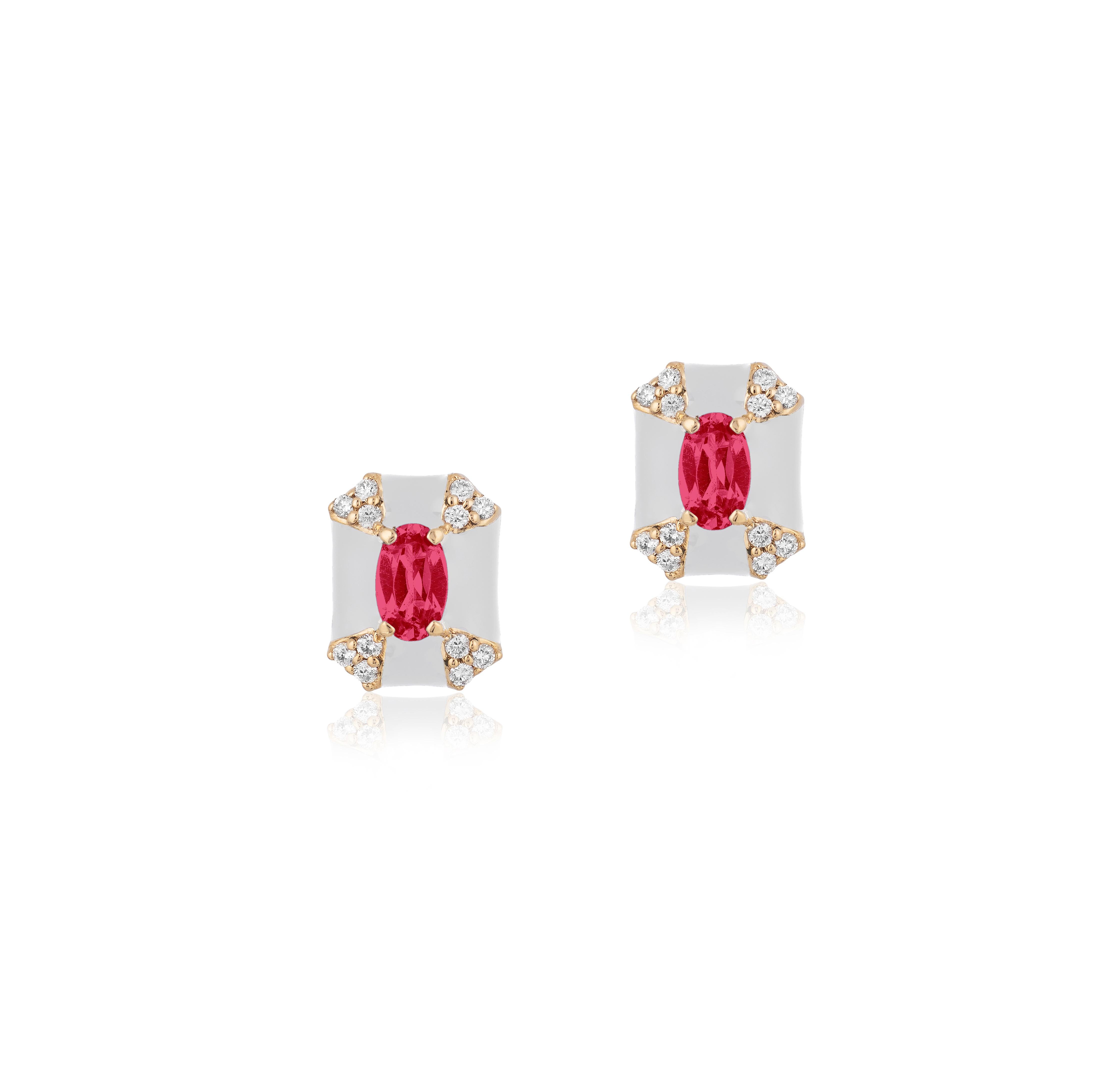 'Queen' Octagon White Enamel Stud Earrings with Ruby and Diamonds in 18K Yellow Gold.
Stone Size-5 x 3 mm 
Gemstone Approx Wt: Ruby- 0.69 Carats
Diamonds: G-H / VS; Approx. Wt: 0.14 Carats
