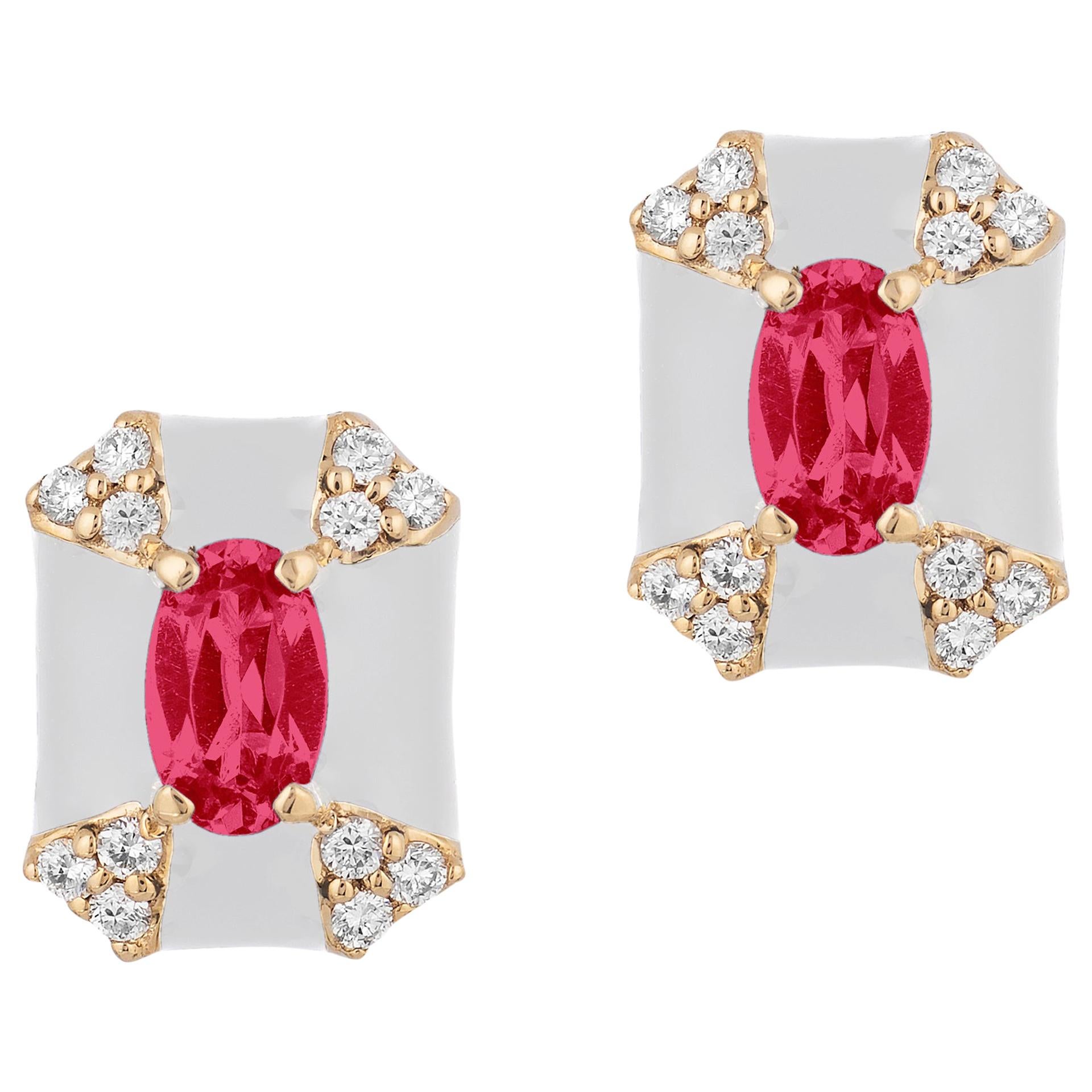 Goshwara Octagon White Enamel with Ruby and Diamonds Stud Earrings