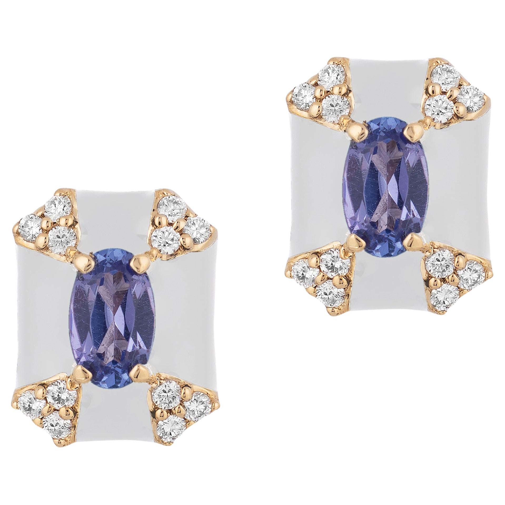 Goshwara Octagon White Enamel with Sapphire and Diamonds Stud Earrings For Sale