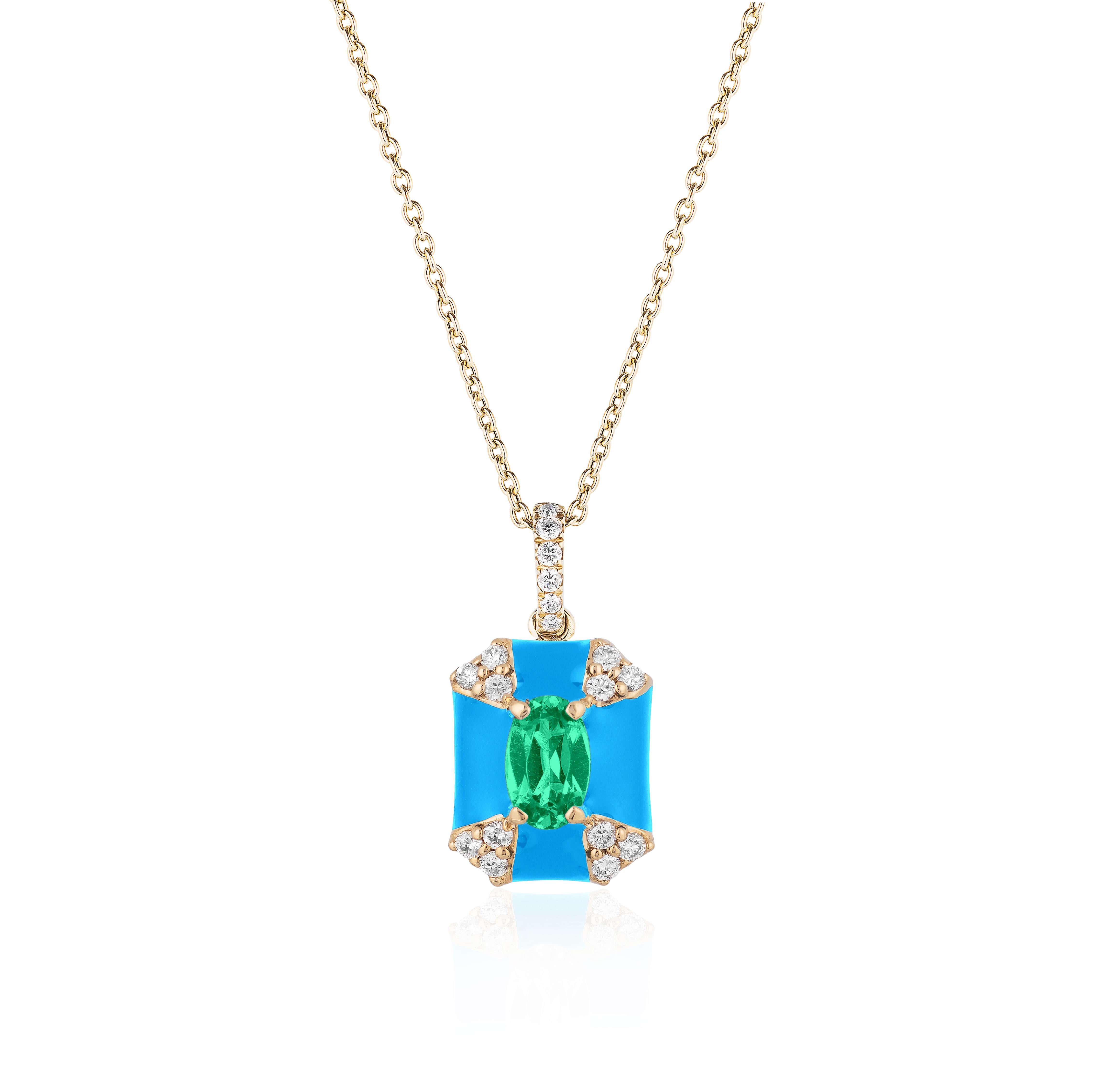 Octagon Turquoise Enamel Pendant with Emerald and Diamonds in 18K Yellow Gold. from ‘Queen’ Collection
Stone Size: 5 x 3 mm 
Gemstone Approx. Stone Wt: 0.20 Carats 
Diamonds: G-H / VS, Approx. Wt: 0.09 Carats