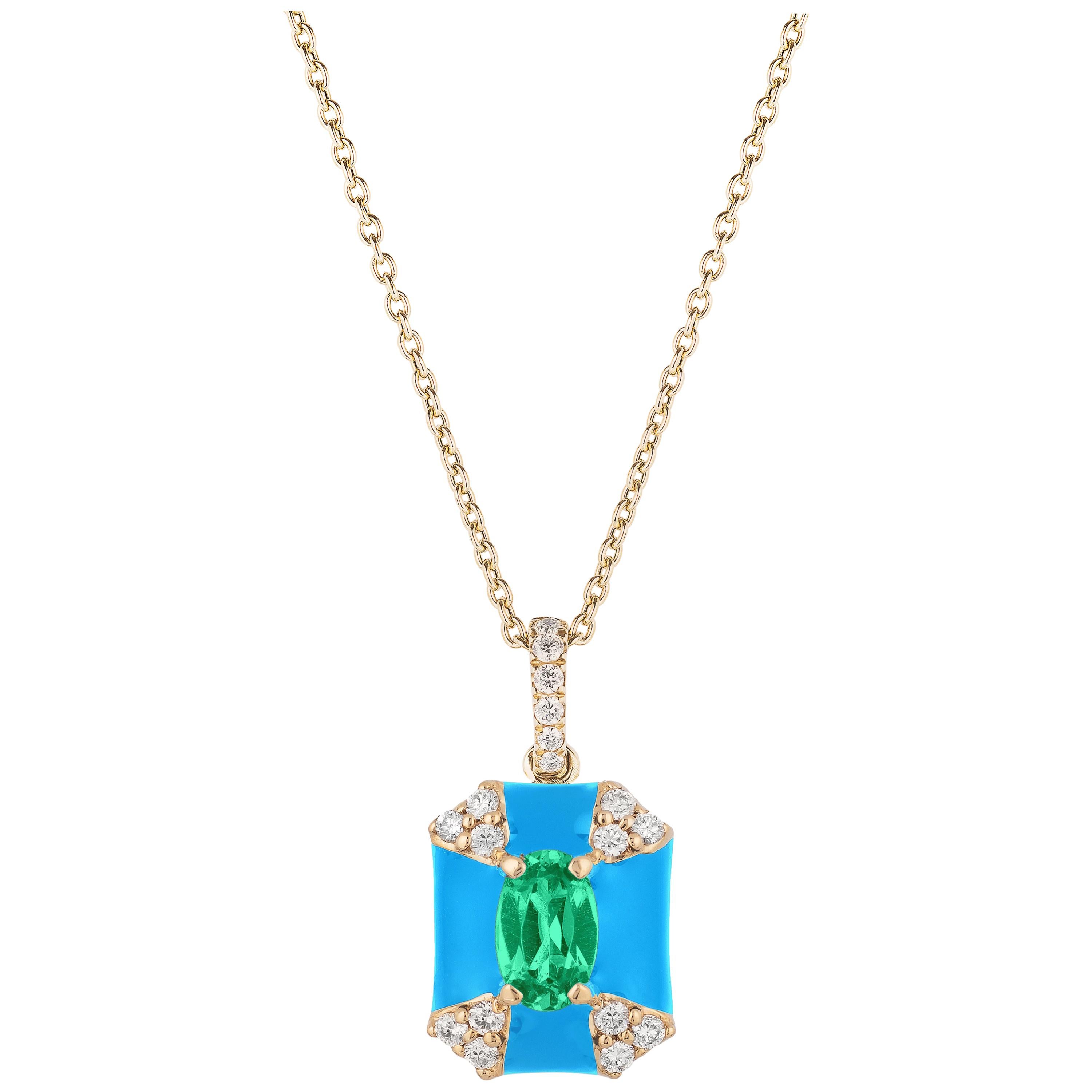 Goshwara Octagon Turquoise Enamel with Emerald and Diamonds Pendant For Sale