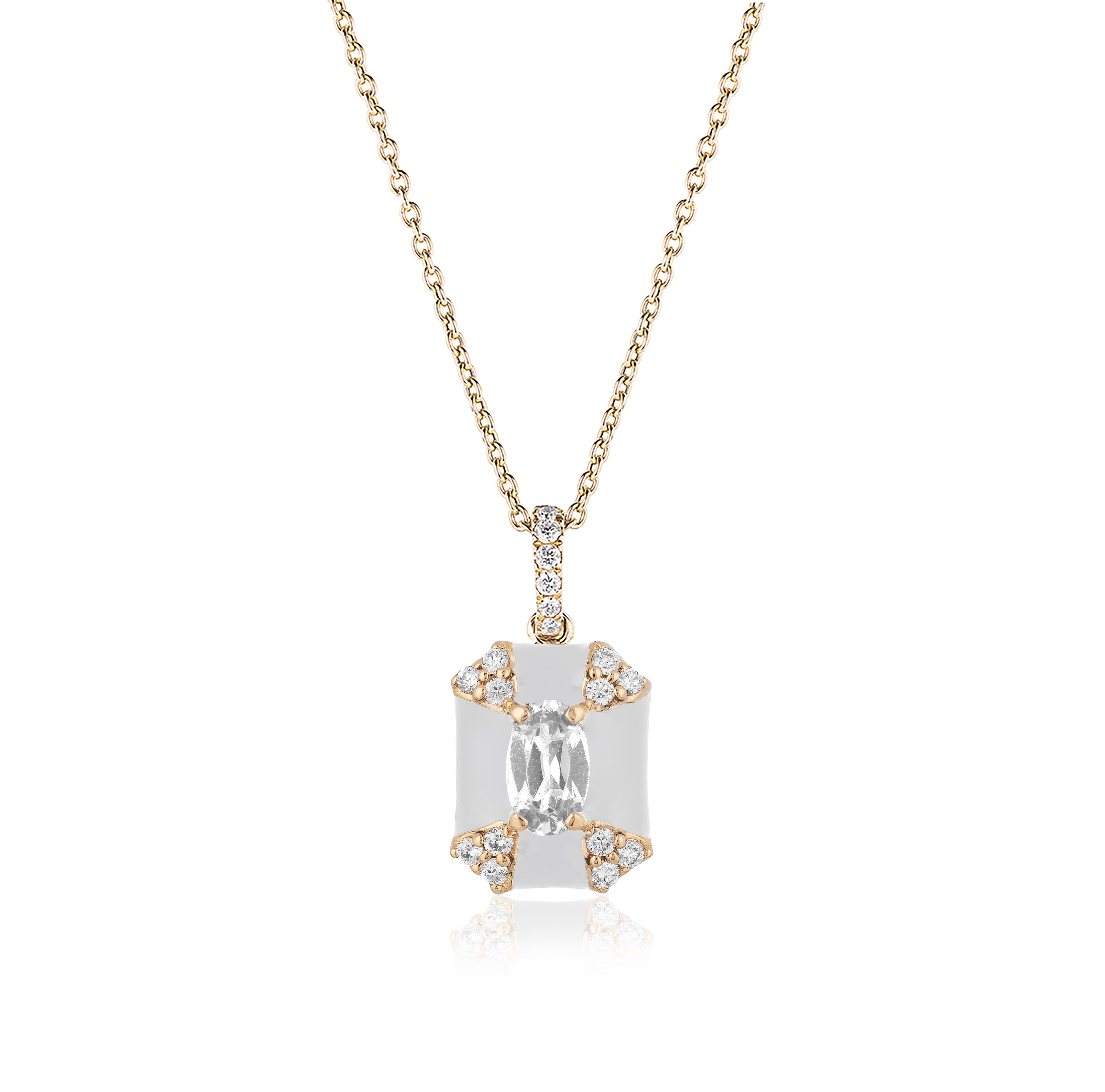 'Queen' Octagon White Enamel Pendant with Diamonds in 18K Yellow Gold.

Stone Size: 4 mm