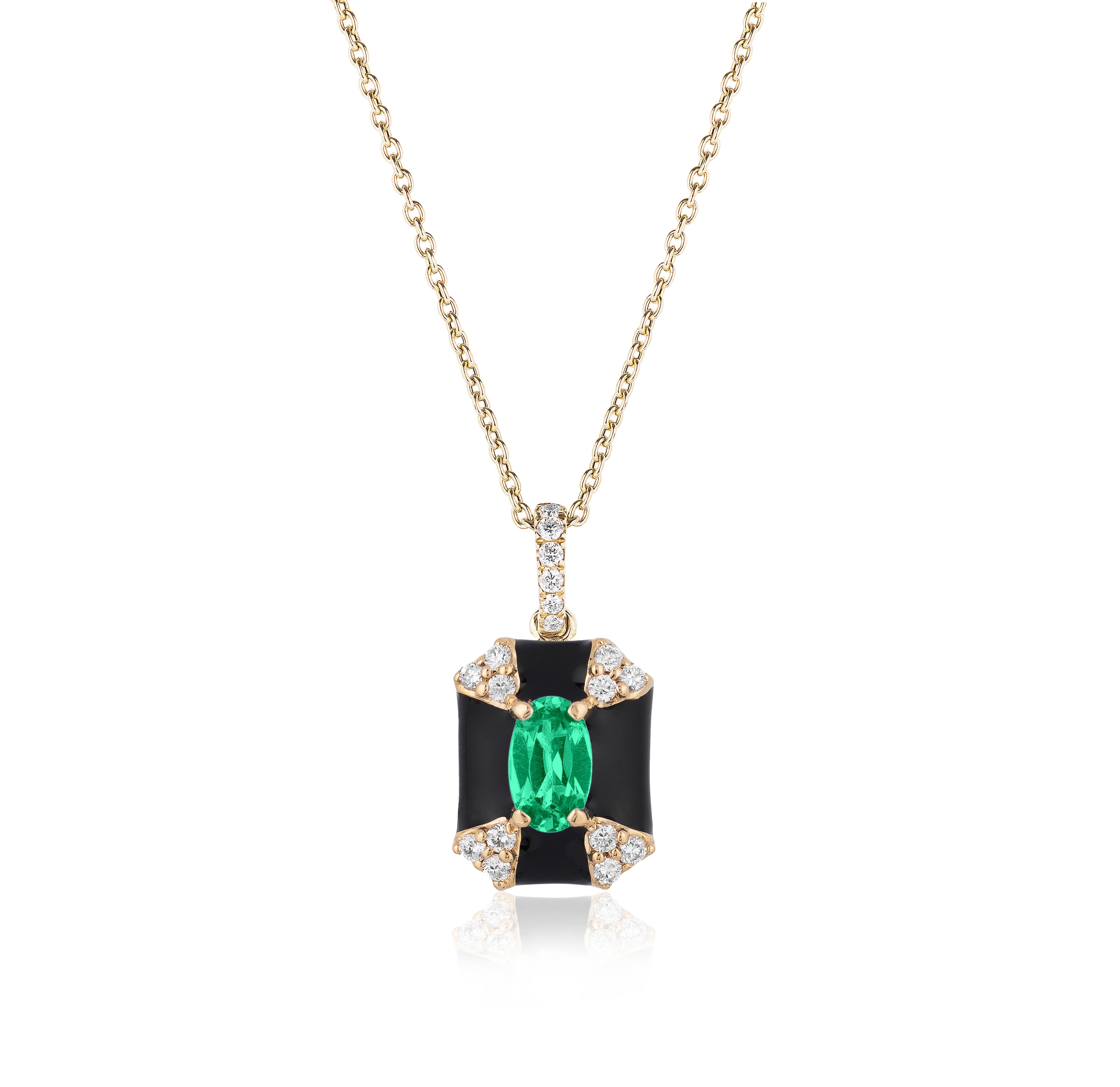 'Queen' Octagon Black Enamel Pendant with Emerald and Diamonds in 18K Yellow Gold.
Stone Size: 4 mm 
Gemstone Approx Wt: Emerald- 0.21 Carats 
Diamonds: G-H / VS, Approx. Wt: 0.10 Carats