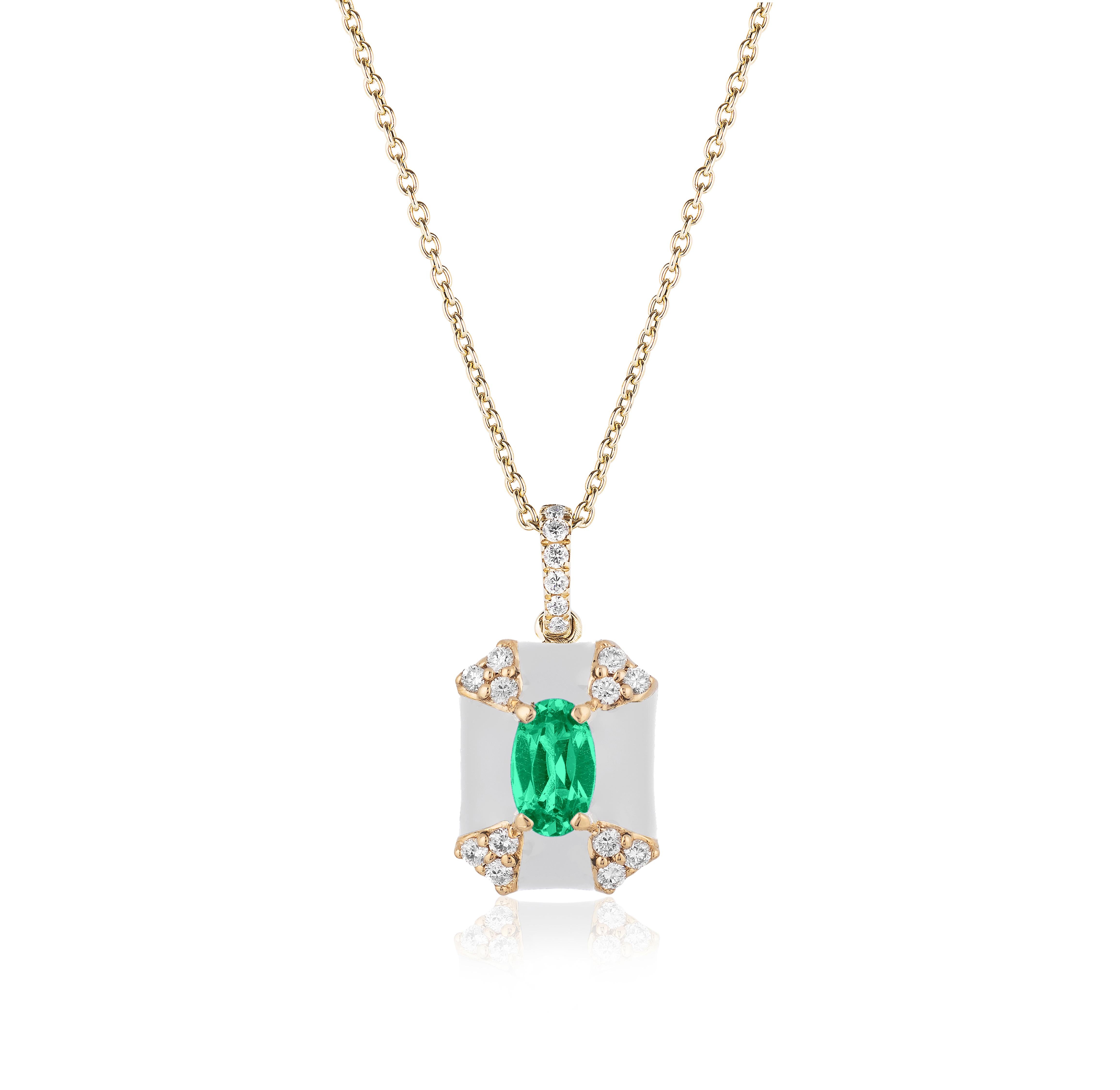 Octagon White Enamel Pendant with Emerald and Diamonds in 18K Yellow Gold. From ‘Queen’ Collection
Stone Size: 5 x 3 mm
Gemstone Approx Wt: Emerald- 0.21 Carats 
Diamonds: G-H / VS, Approx. Wt: 0.09 Carats 