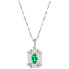 Goshwara Octagon White Enamel with Emerald and Diamonds Pendant