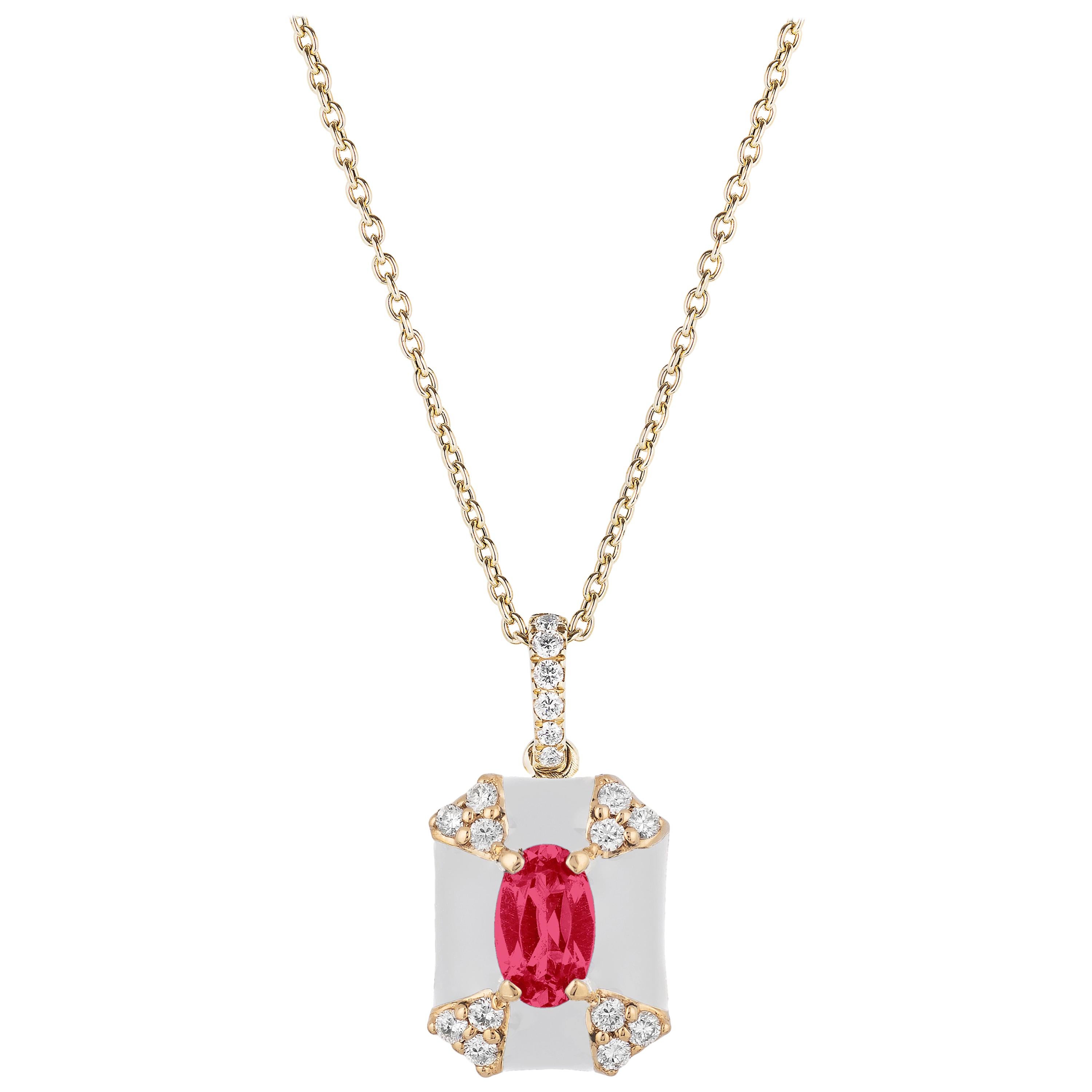 Octagon White Enamel Pendant with Ruby and Diamonds