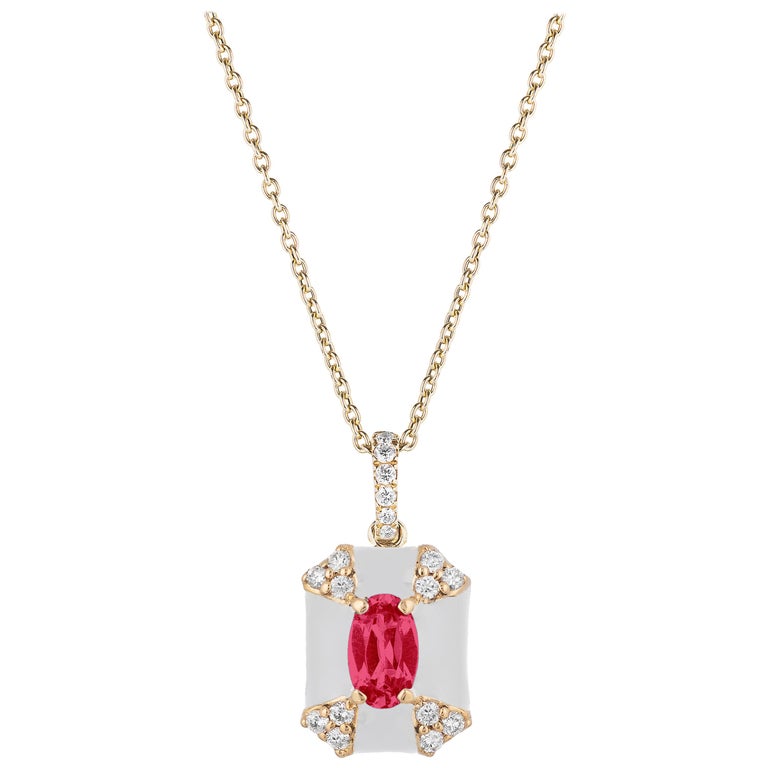 Octagon White Enamel Pendant with Ruby and Diamonds For Sale