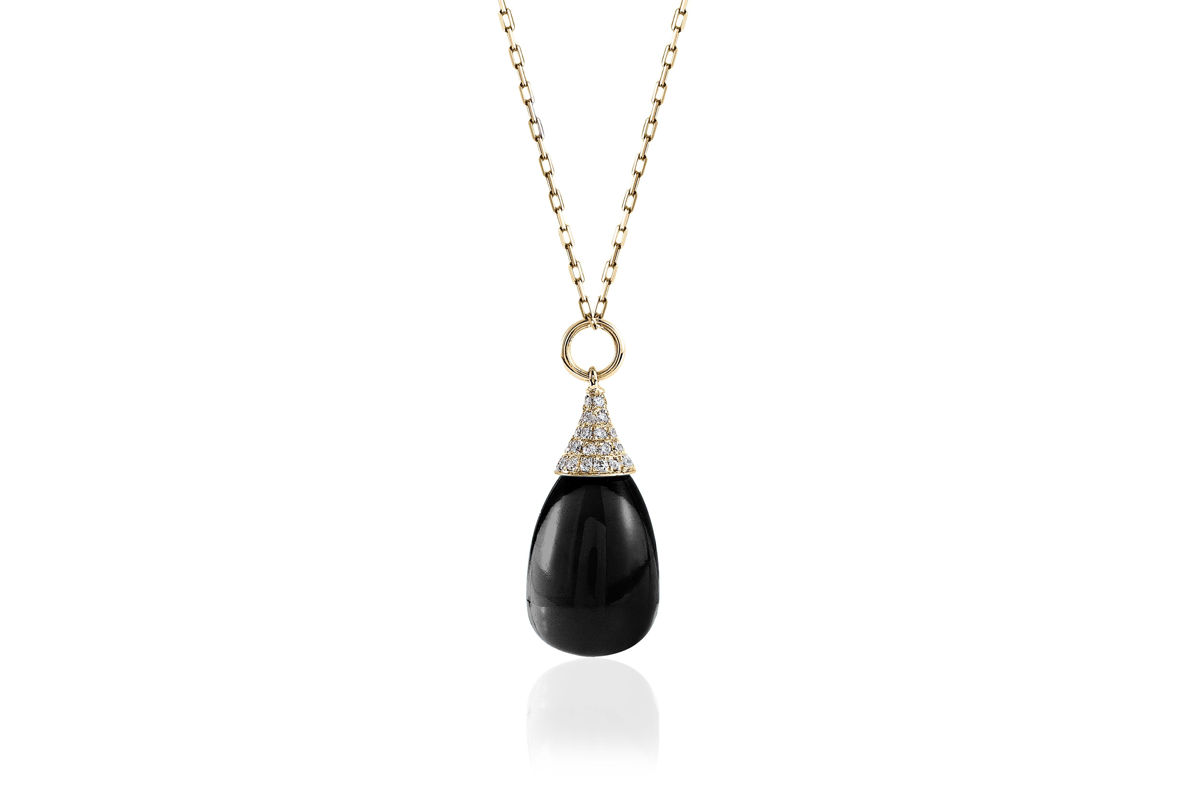 Onyx Drop Pendant with Diamond Cap in 18K Yellow Gold on an 18'' Chain from 'Naughty' Collection
 Stone Size: 19 x 12 mm 
 Diamonds: G-H / VS, Approx Wt: 0.32 Cts
