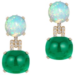 Goshwara Opal and Emerald Cushion Cabochon with Diamonds Earrings