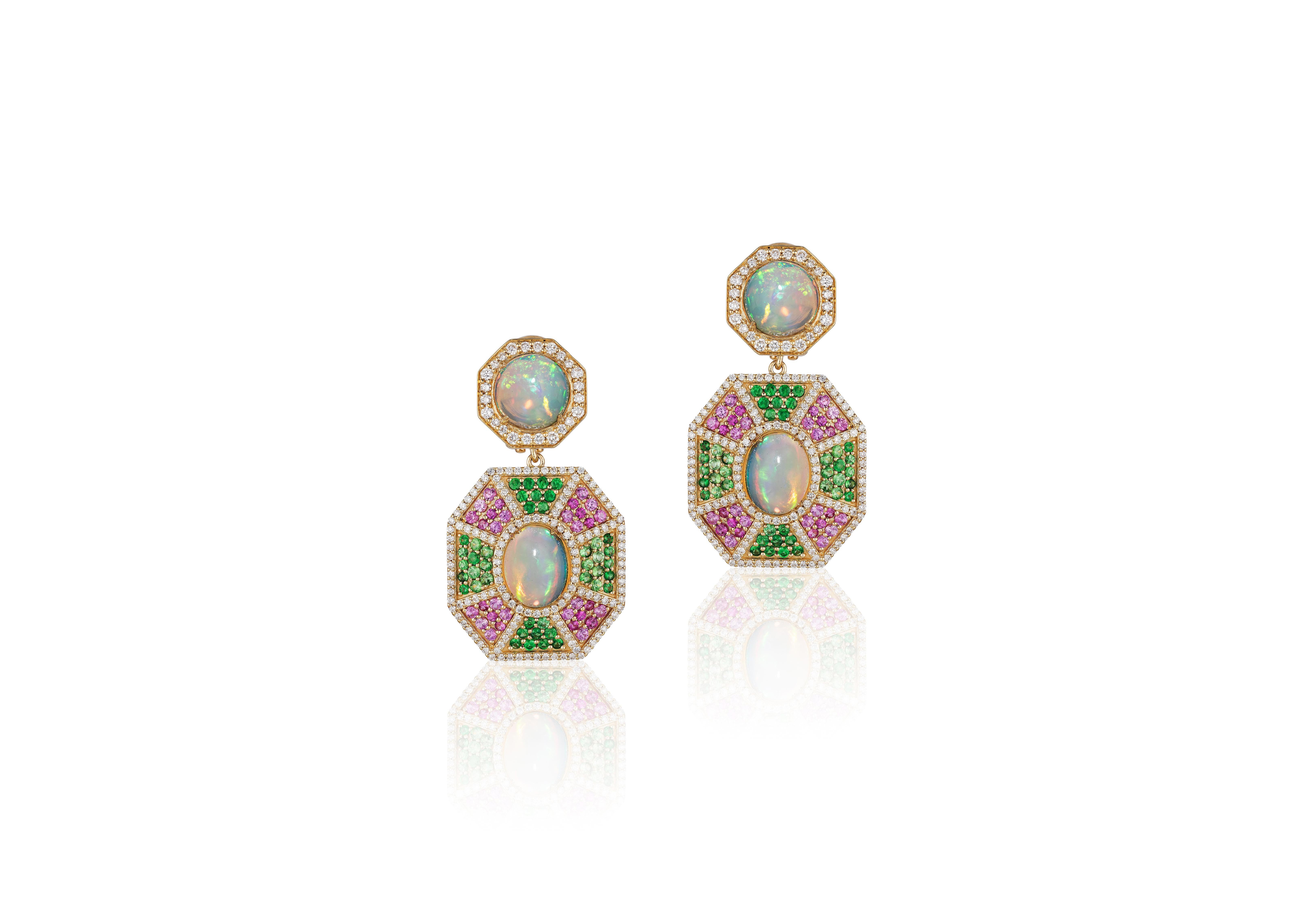 Opal Cab Earring With Tsavorite And Pink Sapphire And Diamonds in 18K Yellow Gold, from 'G-One' Collection

Gemstone Weight: Opal- 5.48 Carats
                                Tsavorite- 1.01 Carats
                                 Pink Sapphire-