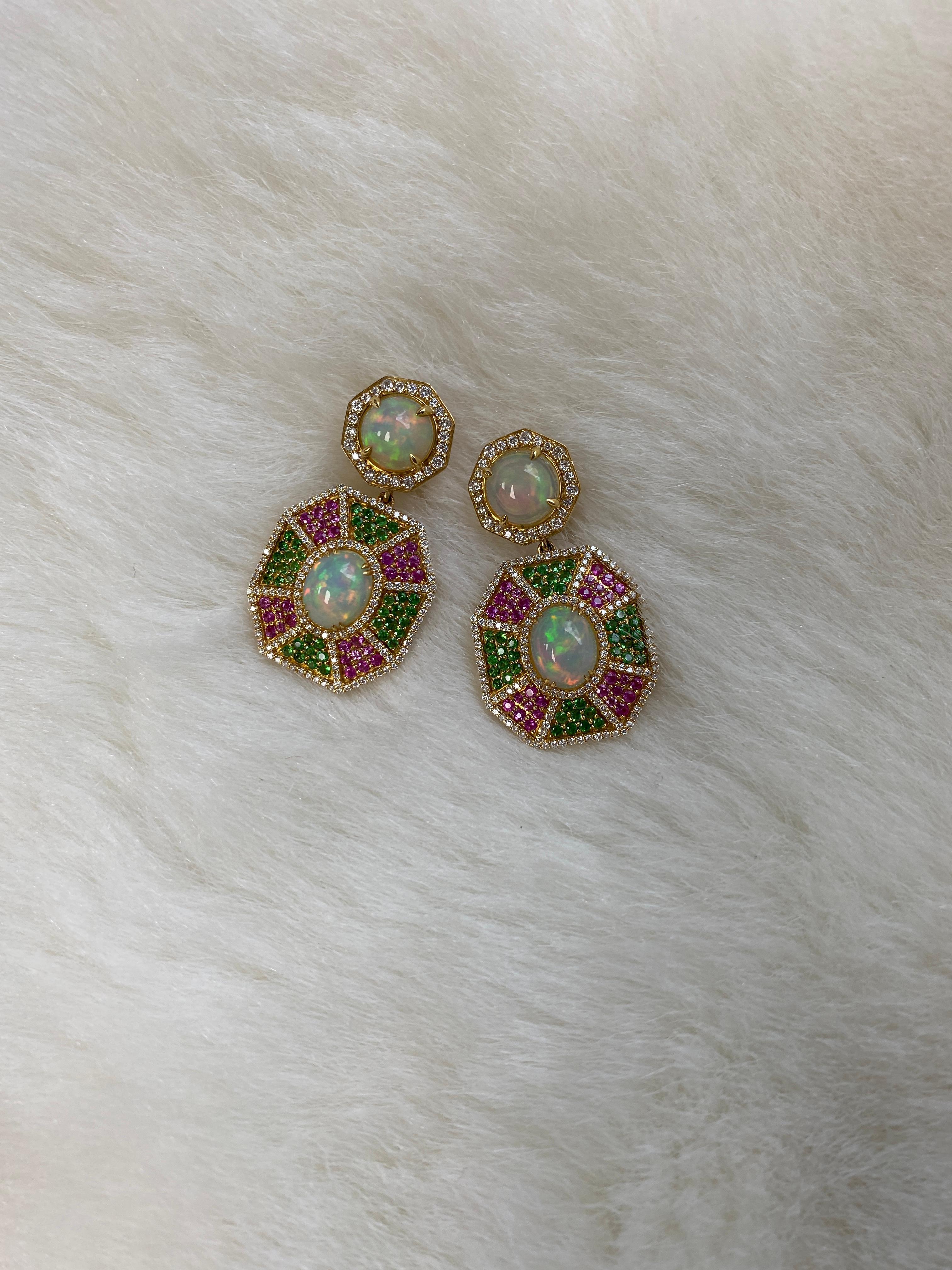 Goshwara Opal Cab With Tsavorite, Pink Sapphire and Diamond Earrings In New Condition For Sale In New York, NY