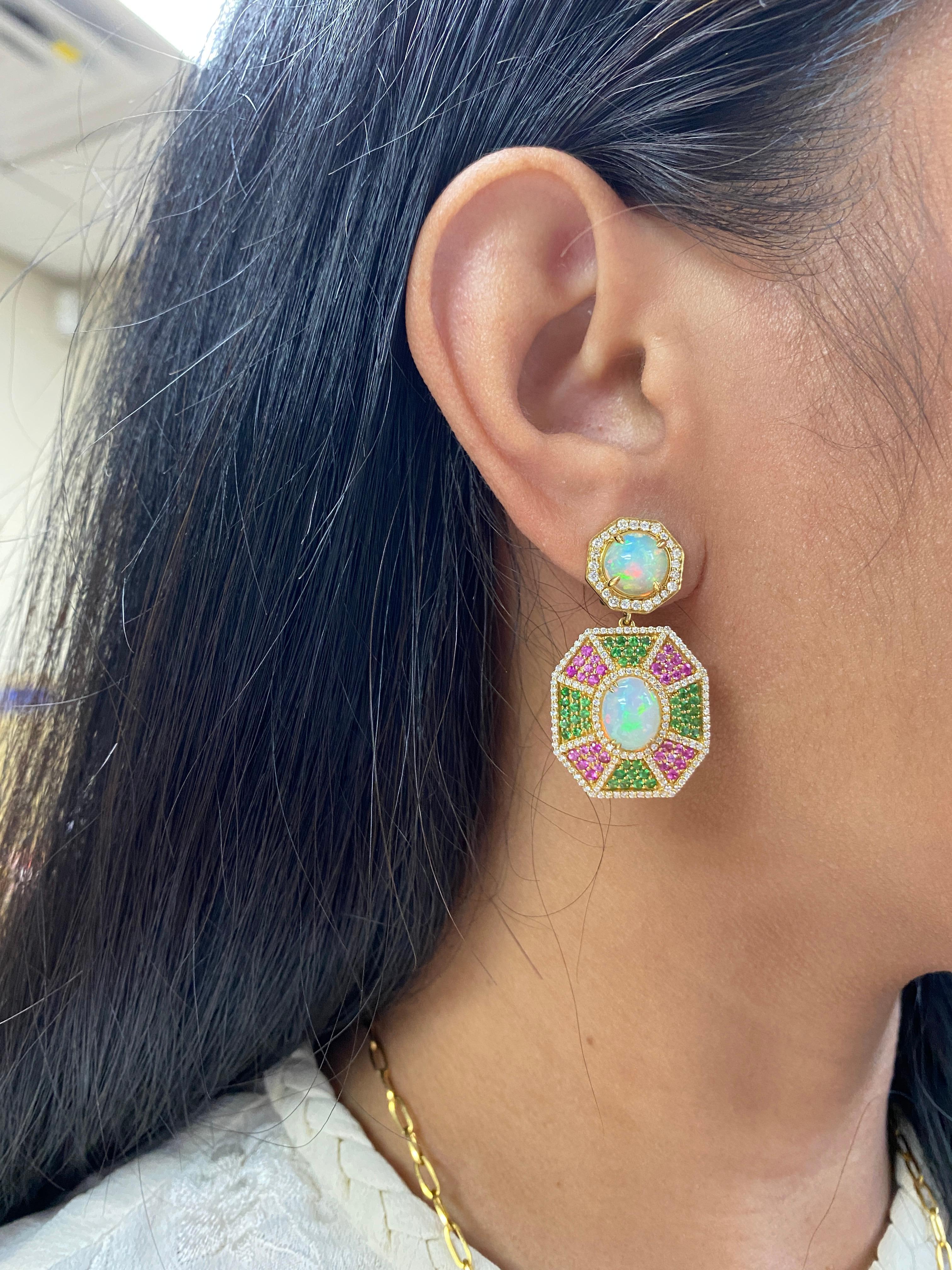 Women's Goshwara Opal Cab With Tsavorite, Pink Sapphire and Diamond Earrings For Sale