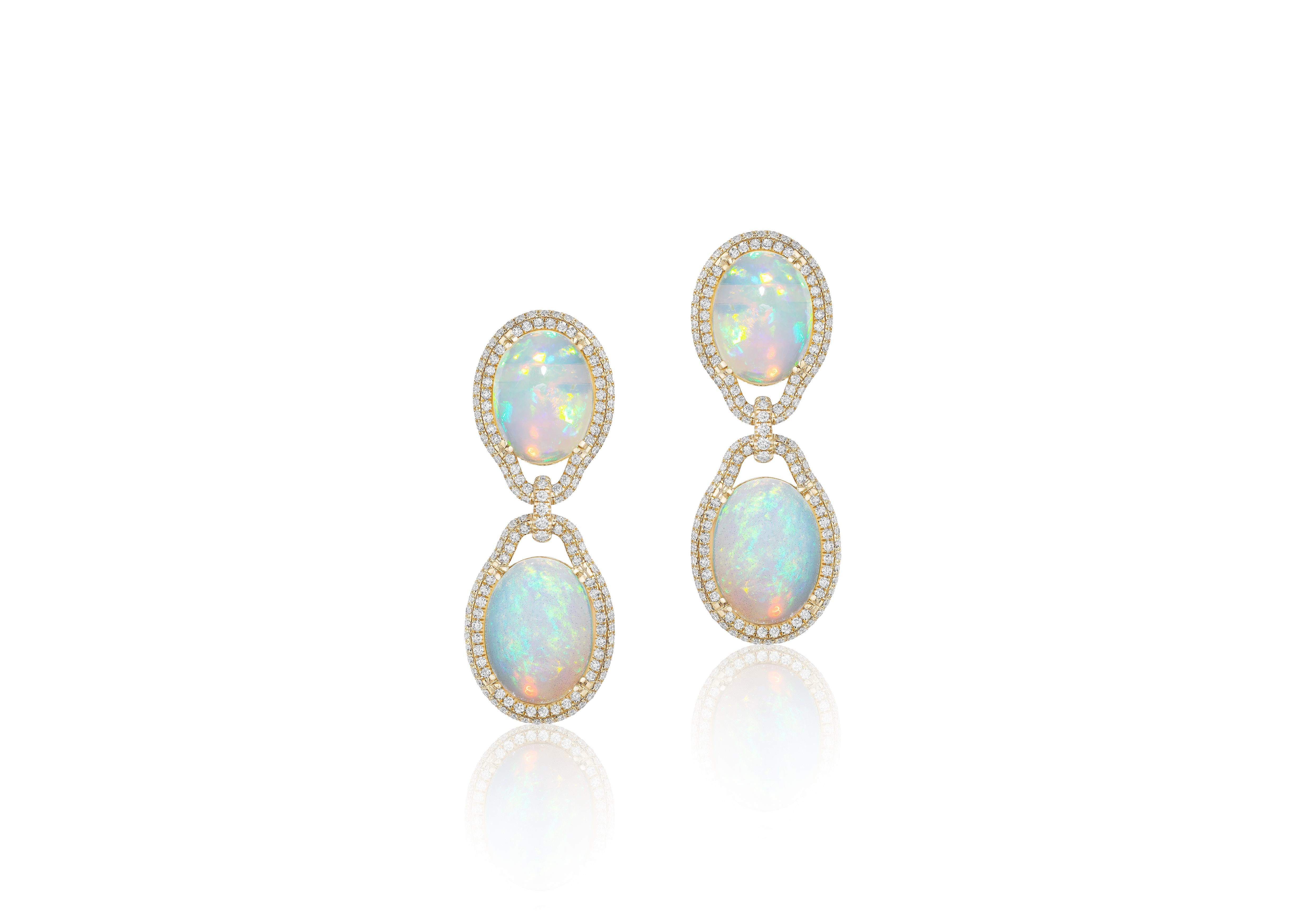 Oval Opal Cabochon Earring With Diamonds in 18K Yellow Gold, from 'G-One' Collection

Approx. Wt: 26.09 Carats (Opal)

Diamonds: G-H / VS, Approx Wt: 2.79 Carats

Stone Size: 12 x 16 mm, 13 x 18 mm 

