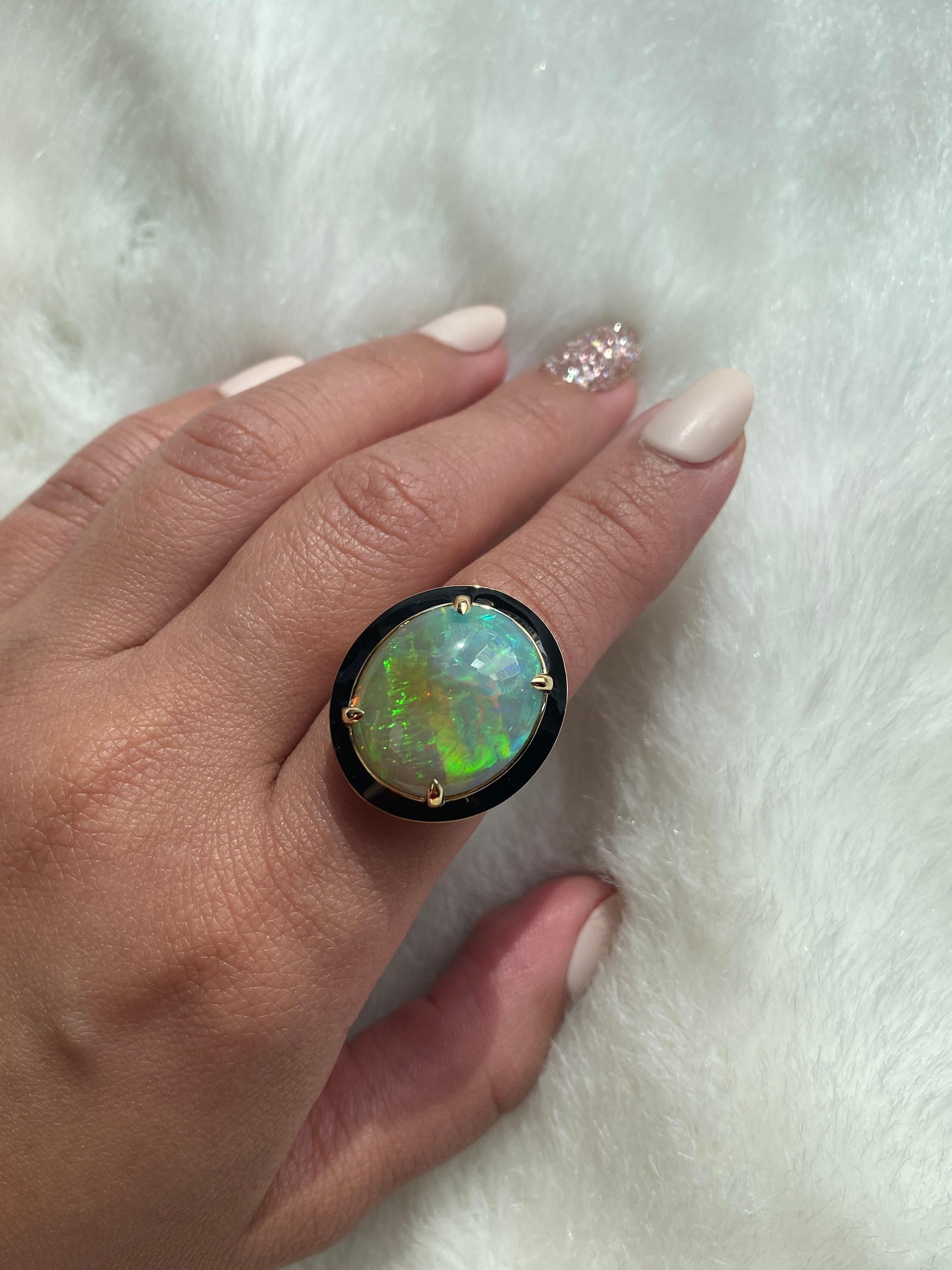 Contemporary Goshwara Opal Cabochon with Black Enamel Ring. For Sale