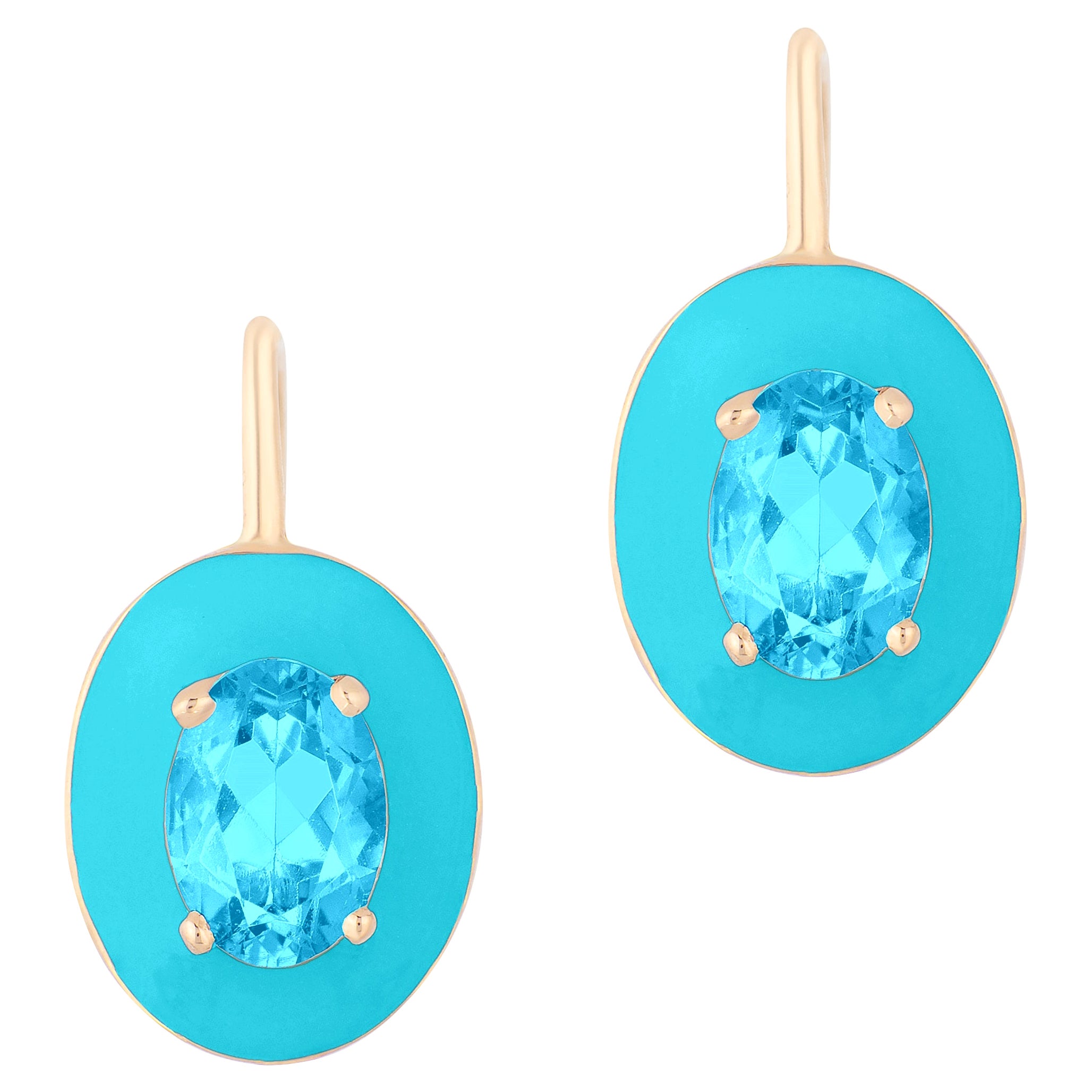 Orecchini Goshwara ovali di topazio blu con smalto turchese e chiusura a leva