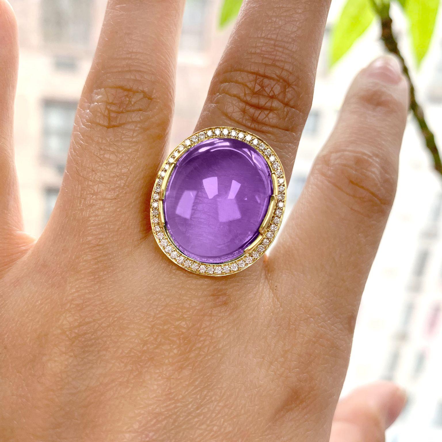 Amethyst Oval Cabochon Ring in 18K Yellow Gold, from 'Rock N Roll' Collection. Extensive collection of big and bold pieces. Like the music, this Rock ‘n Roll collection is electric in color and very stimulating to the eye. These exciting colors and