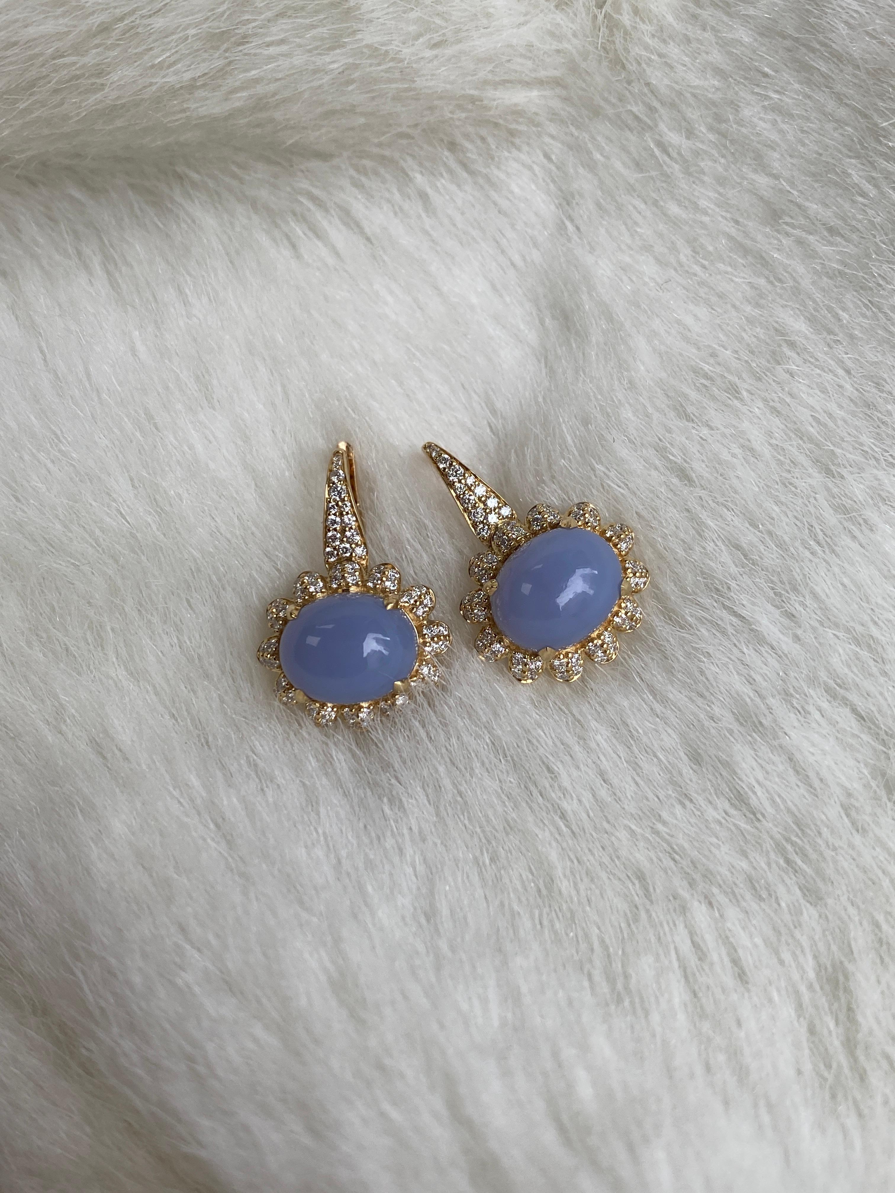 Oval Cut Goshwara Oval Cabochon Blue Chalcedony and Diamond Earrings For Sale