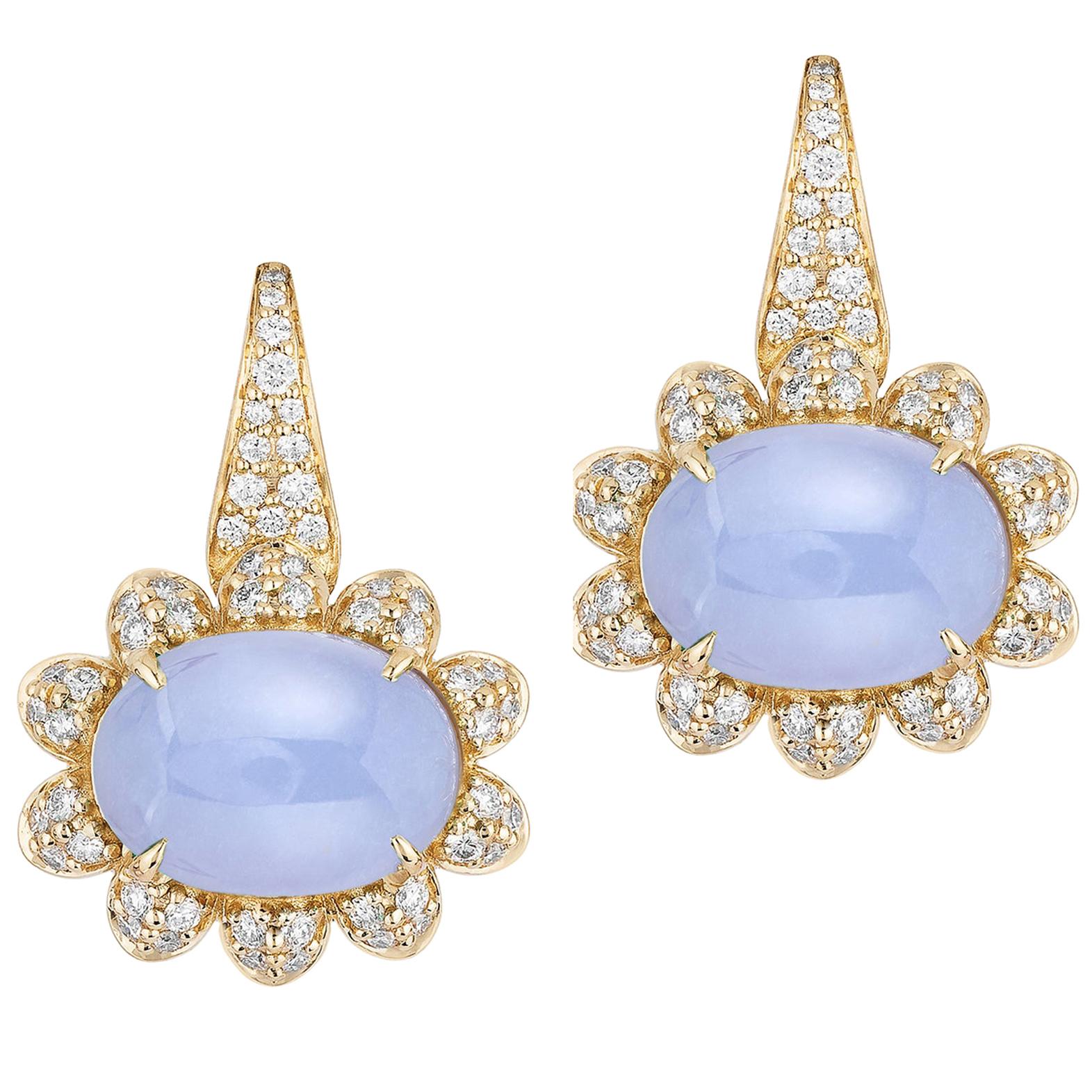 Goshwara Oval Cabochon Blue Chalcedony and Diamond Earrings For Sale