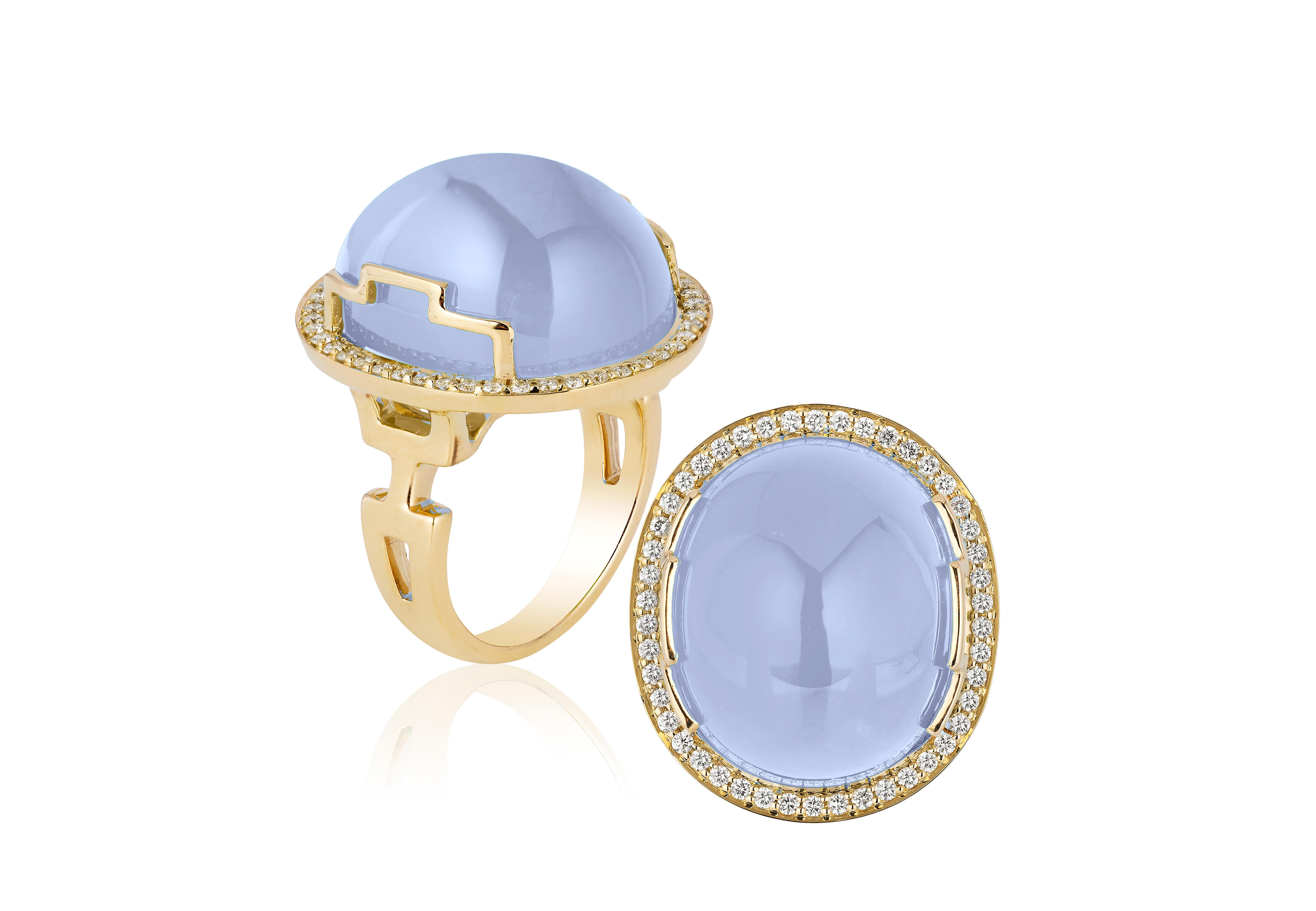 Blue Chalcedony Oval Cabochon Ring with Diamonds in 18k Yellow Gold, from 'Rock N Roll' Collection. Extensive collection of big and bold pieces. Like the music, this Rock ‘n Roll collection is electric in color and very stimulating to the eye. These