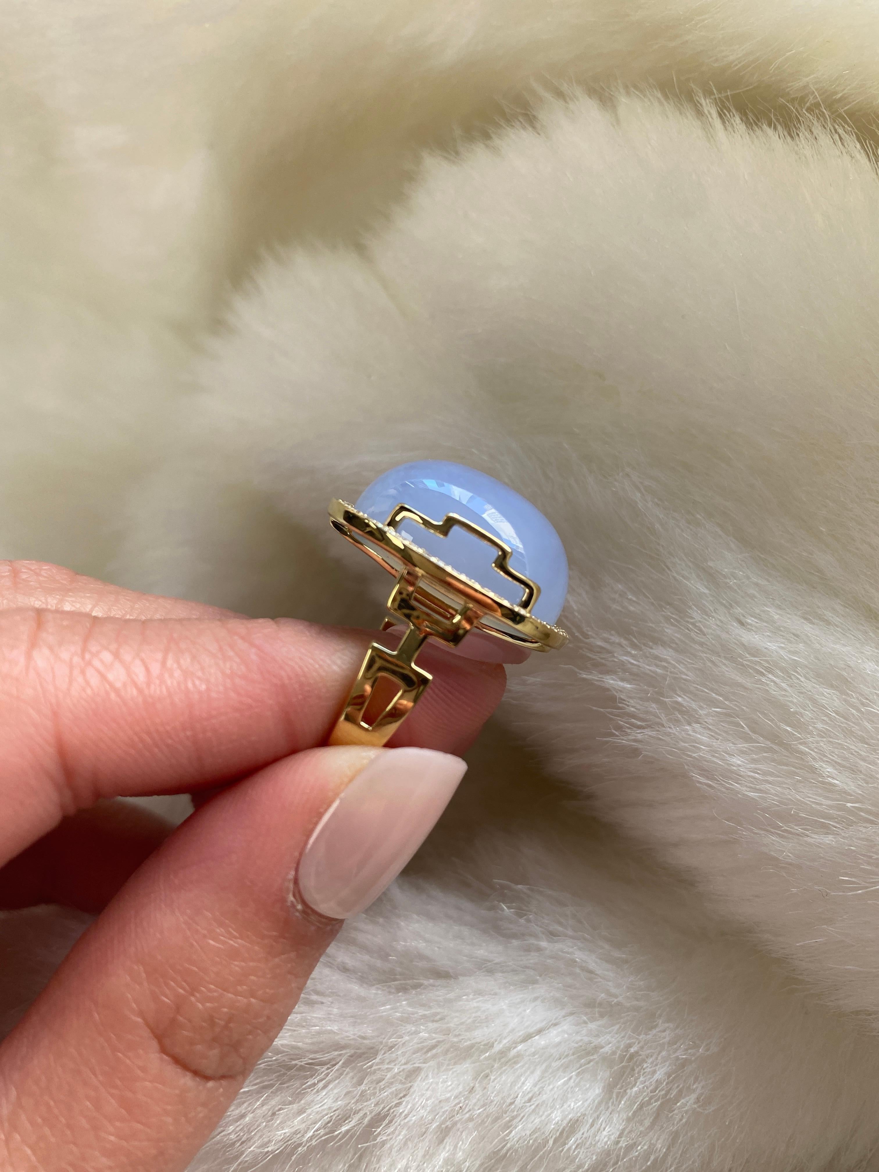 Contemporary Goshwara Oval Cabochon Blue Chalcedony and Diamond Ring For Sale