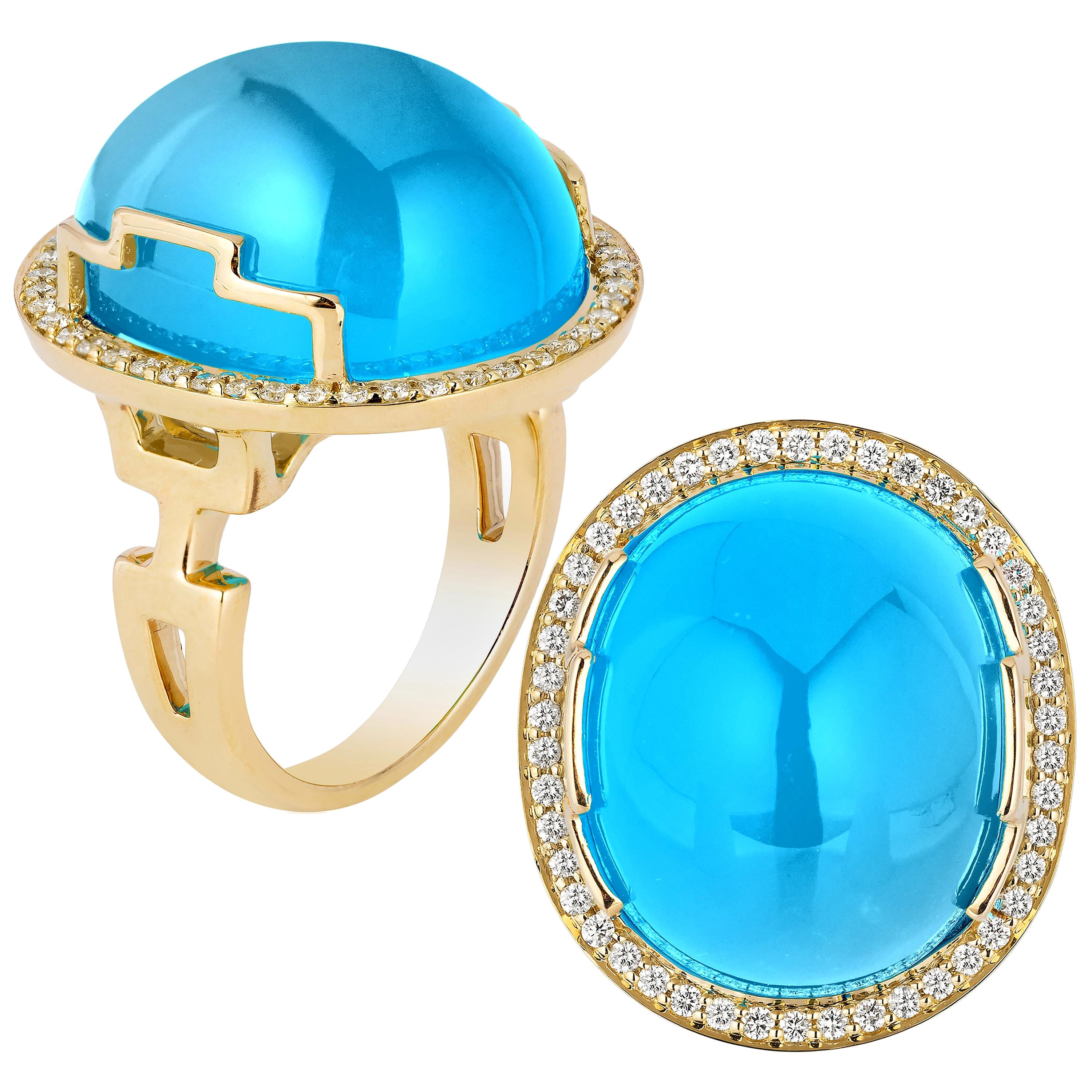 Goshwara Ring mit ovalem Cabochon-Blauem Topas und Diamanten