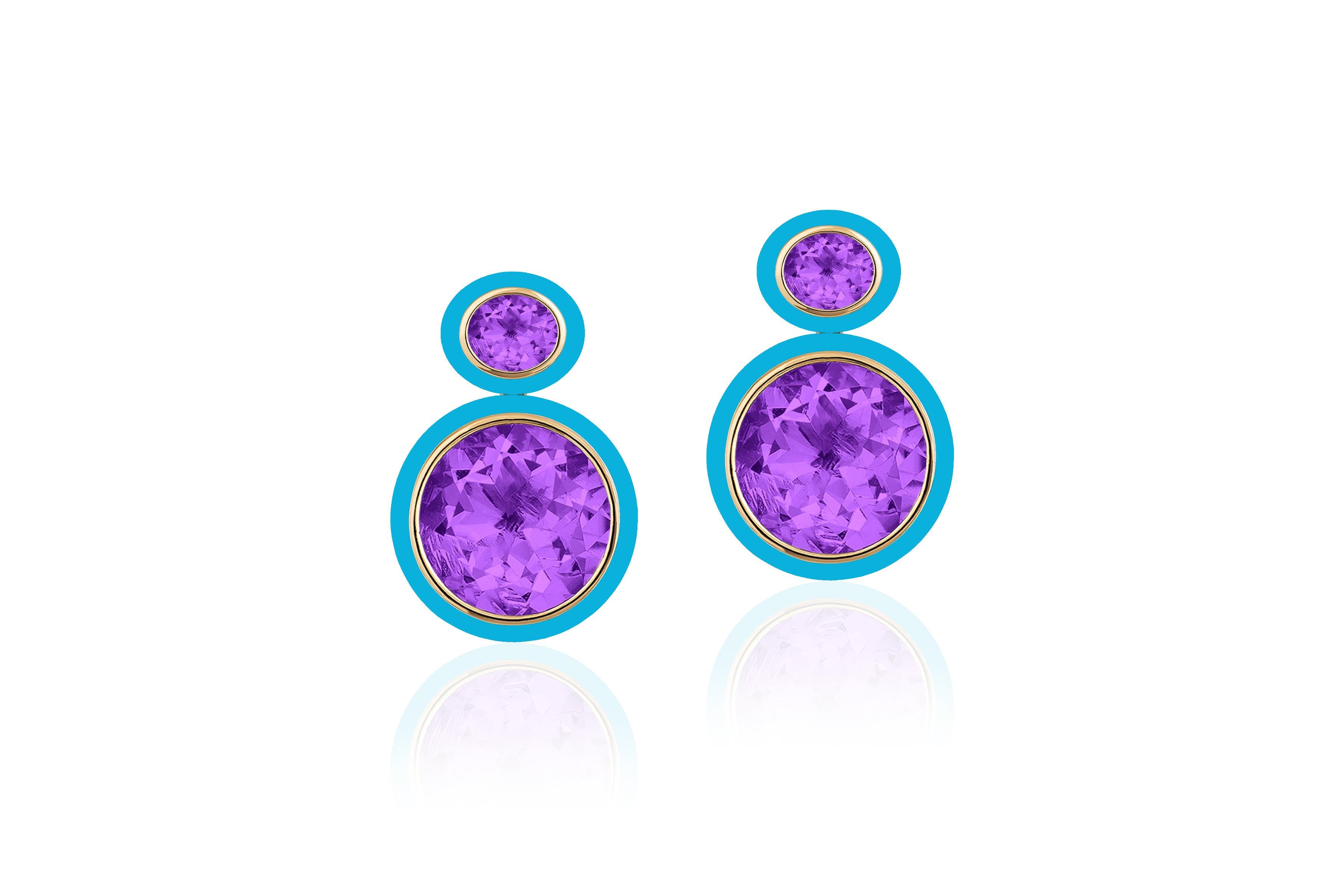 This Oval Shape Amethyst and Turquoise Earrings are a stunning piece from the 'Mélange' Collection. These earrings feature a beautiful combination of oval-shaped amethyst and turquoise gemstones, set in 18K yellow gold. The amethyst and turquoise