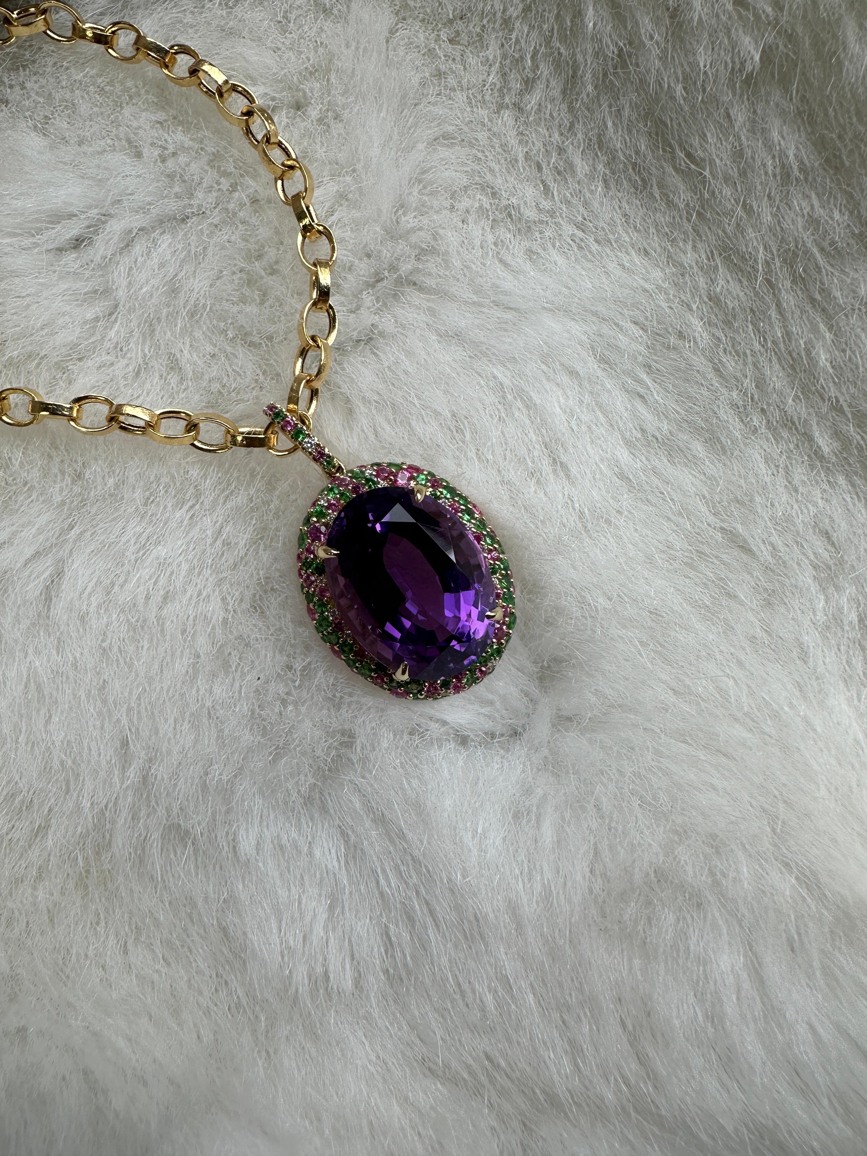 Oval Shape Amethyst Pendant with Diamonds, Pink Sapphire & Green Tsavorites in 18K Yellow Gold, from 