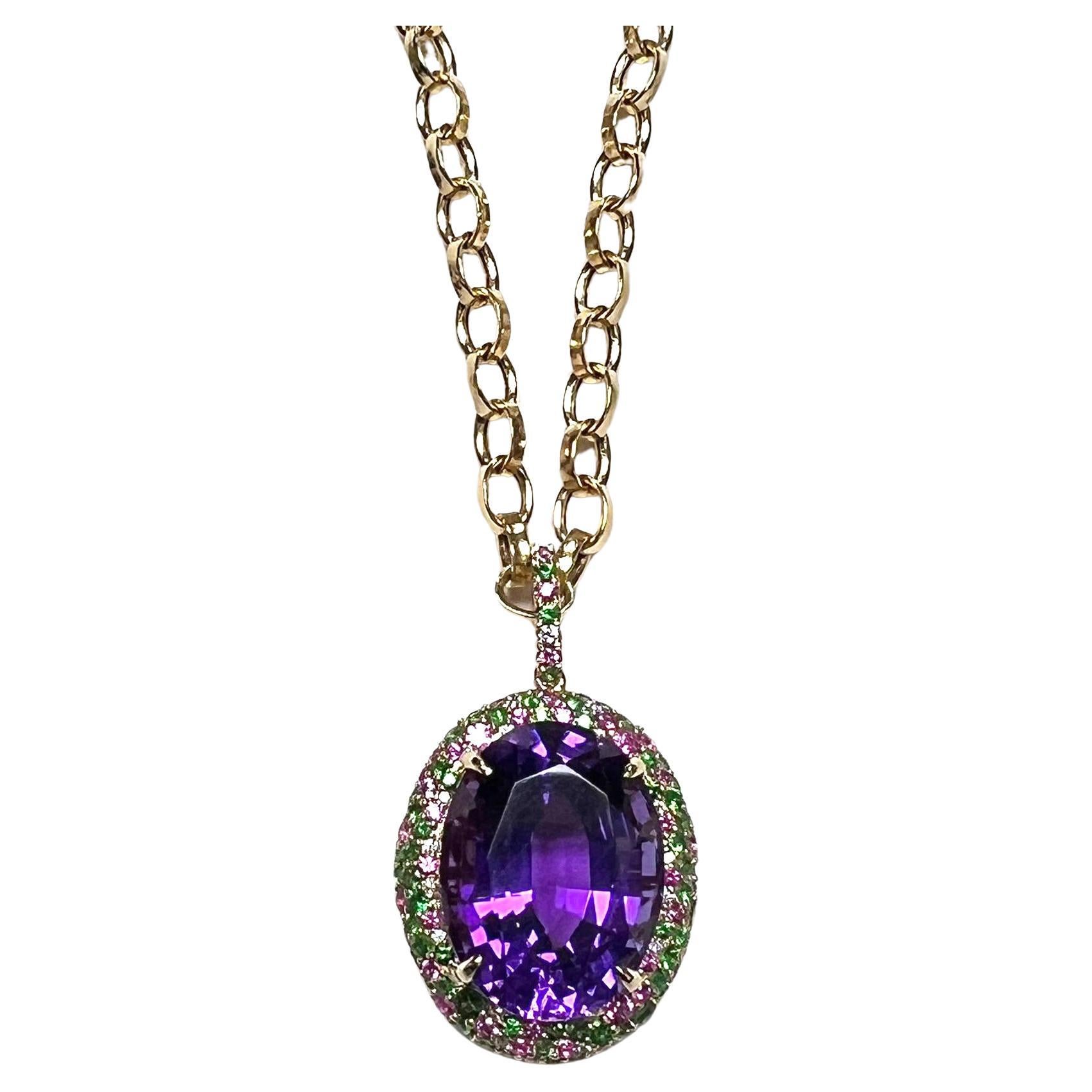 thumbnail image 2 of Handmade African Amethyst Gemstone Pendant - Oval Shape Silver Plated - 3.2" 2 of 5
