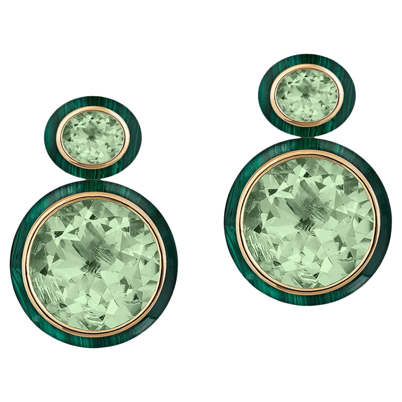 Boucles d'oreilles Goshwara en Prasiolite et malachite de forme ovale en vente