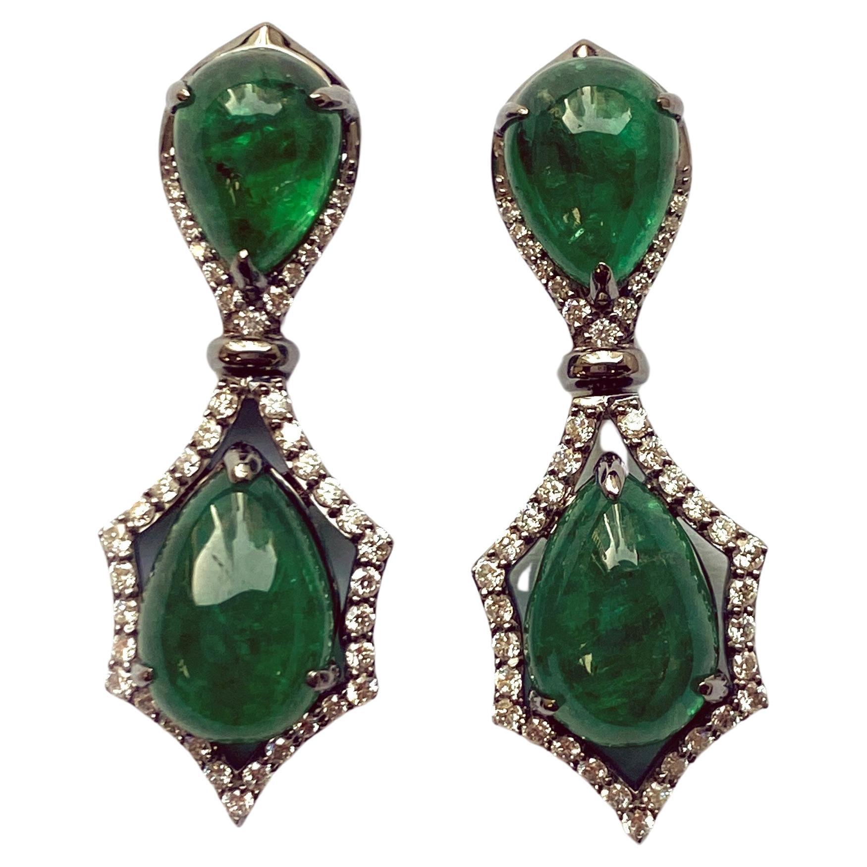 Goshwara Pear Cab Emerald Drops with Diamonds Earrings  For Sale