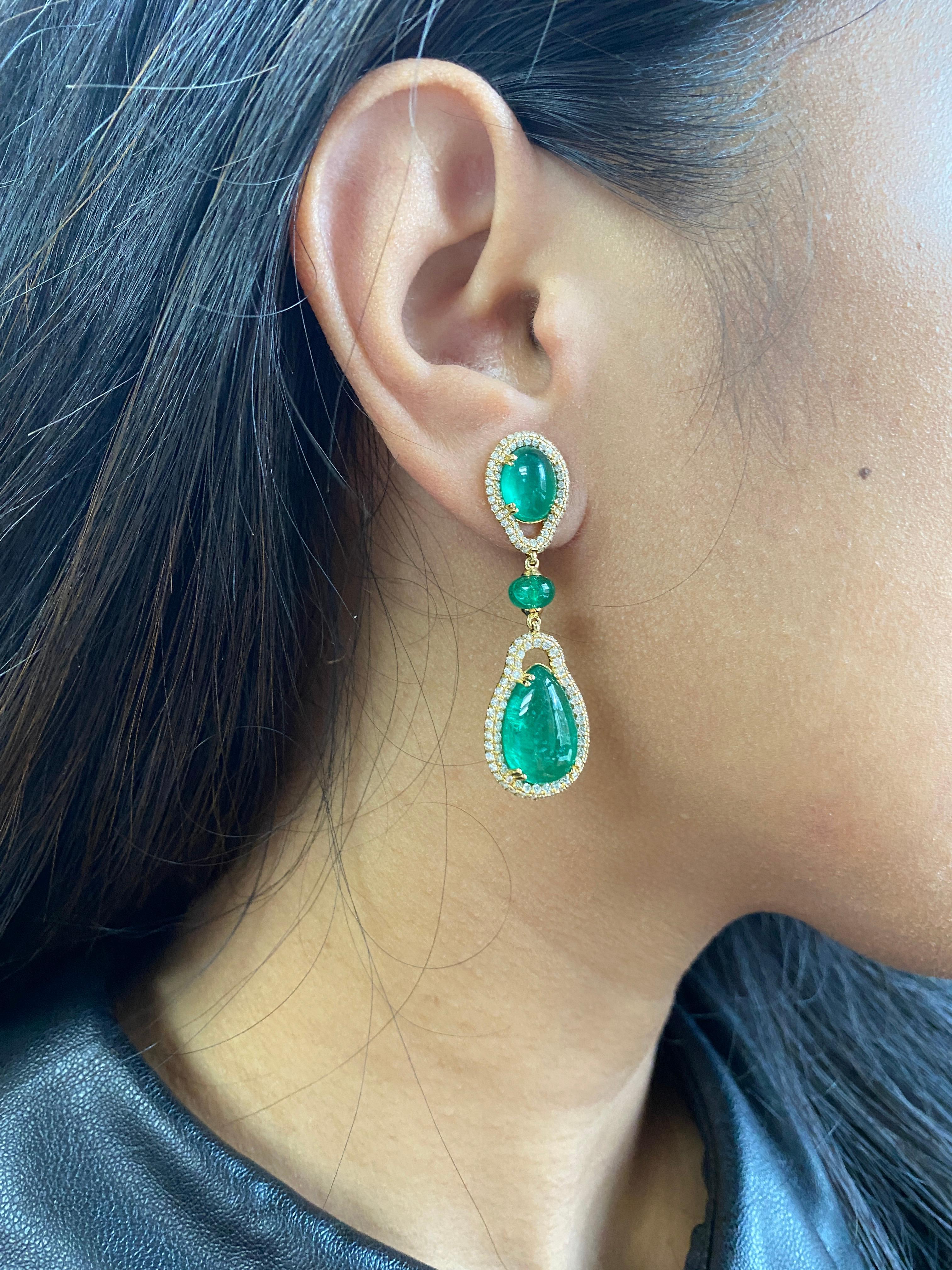 Pear Cut Goshwara Pear Cabs and Emerald Round Beads With Diamond Earrings