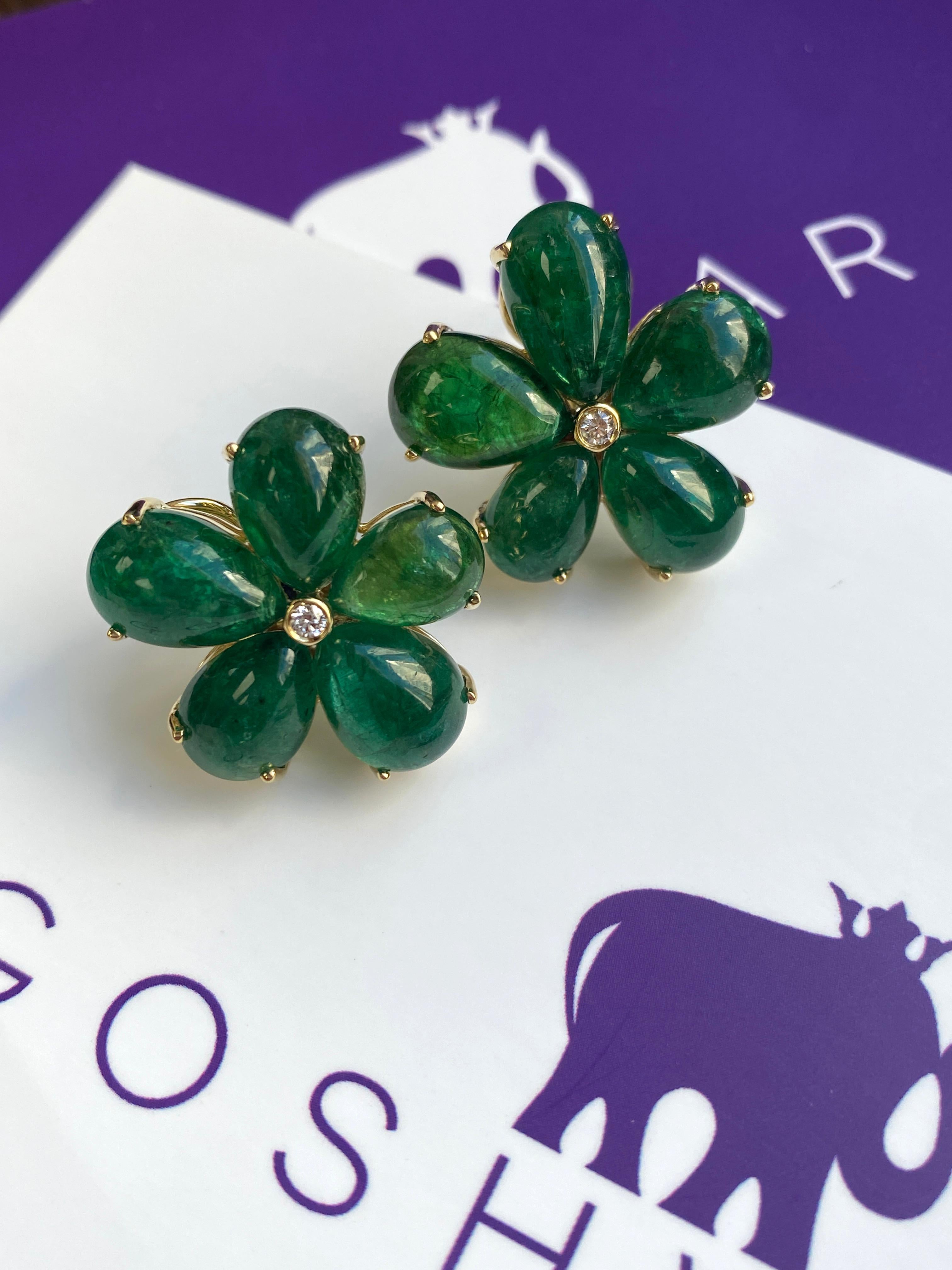 Contemporary Goshwara Pear Cabs Emerald Cluster with Diamond Earrings