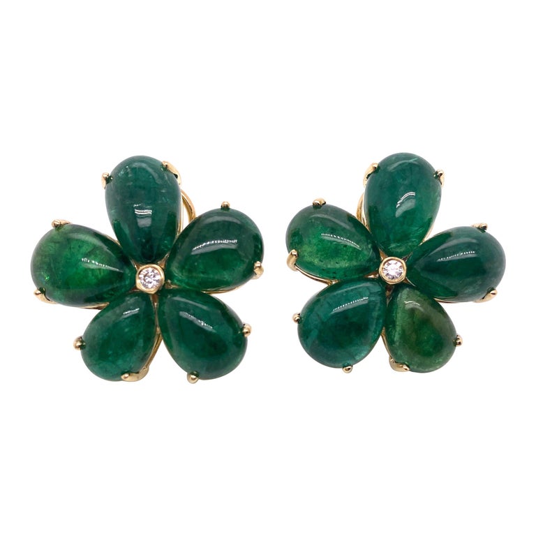 Goshwara Pear Cabs Emerald Cluster with Diamond Earrings at 1stDibs