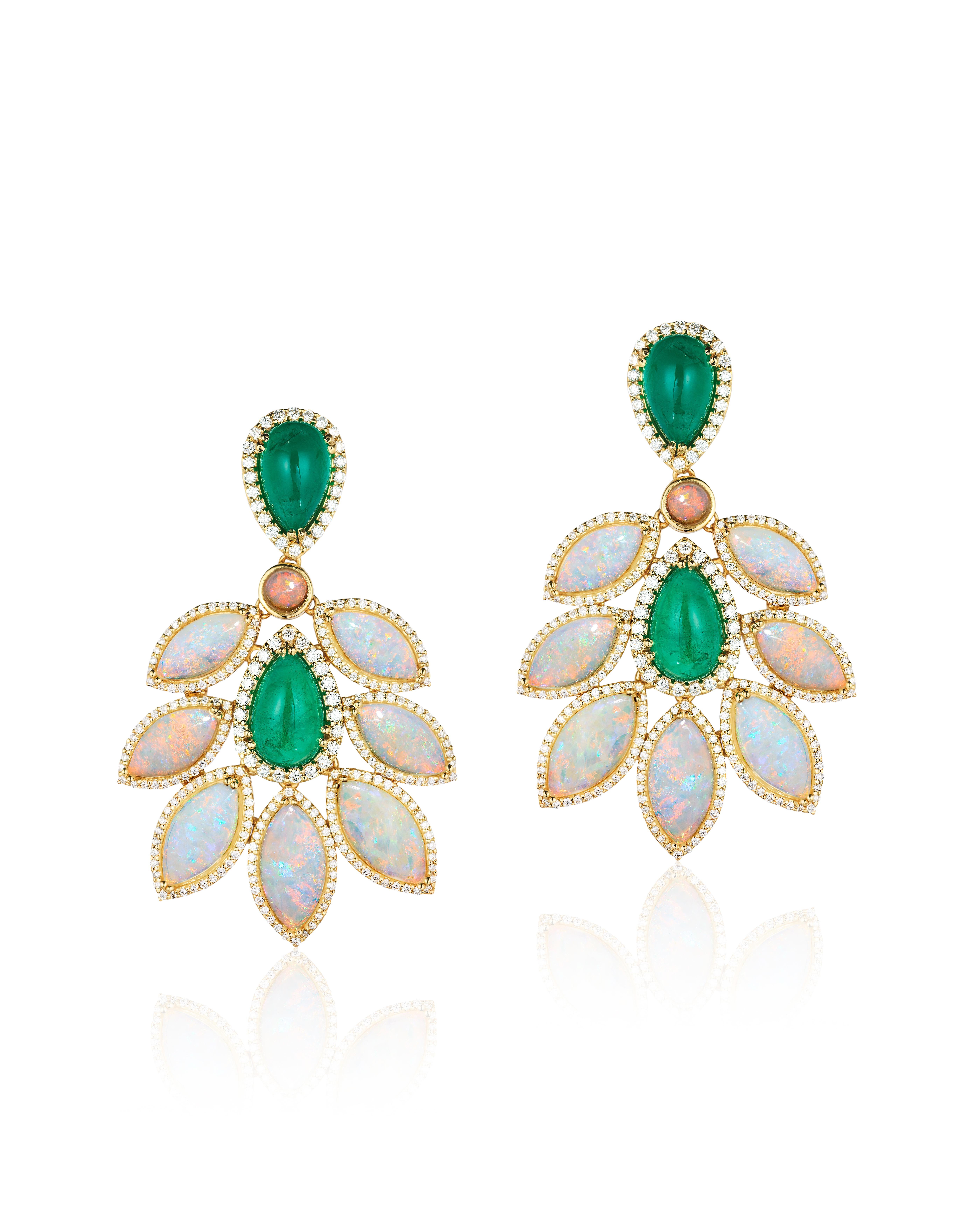 Pear Cut Goshwara Pear Shape Emerald Cabs with Opal Marquise and Diamond Earrings For Sale