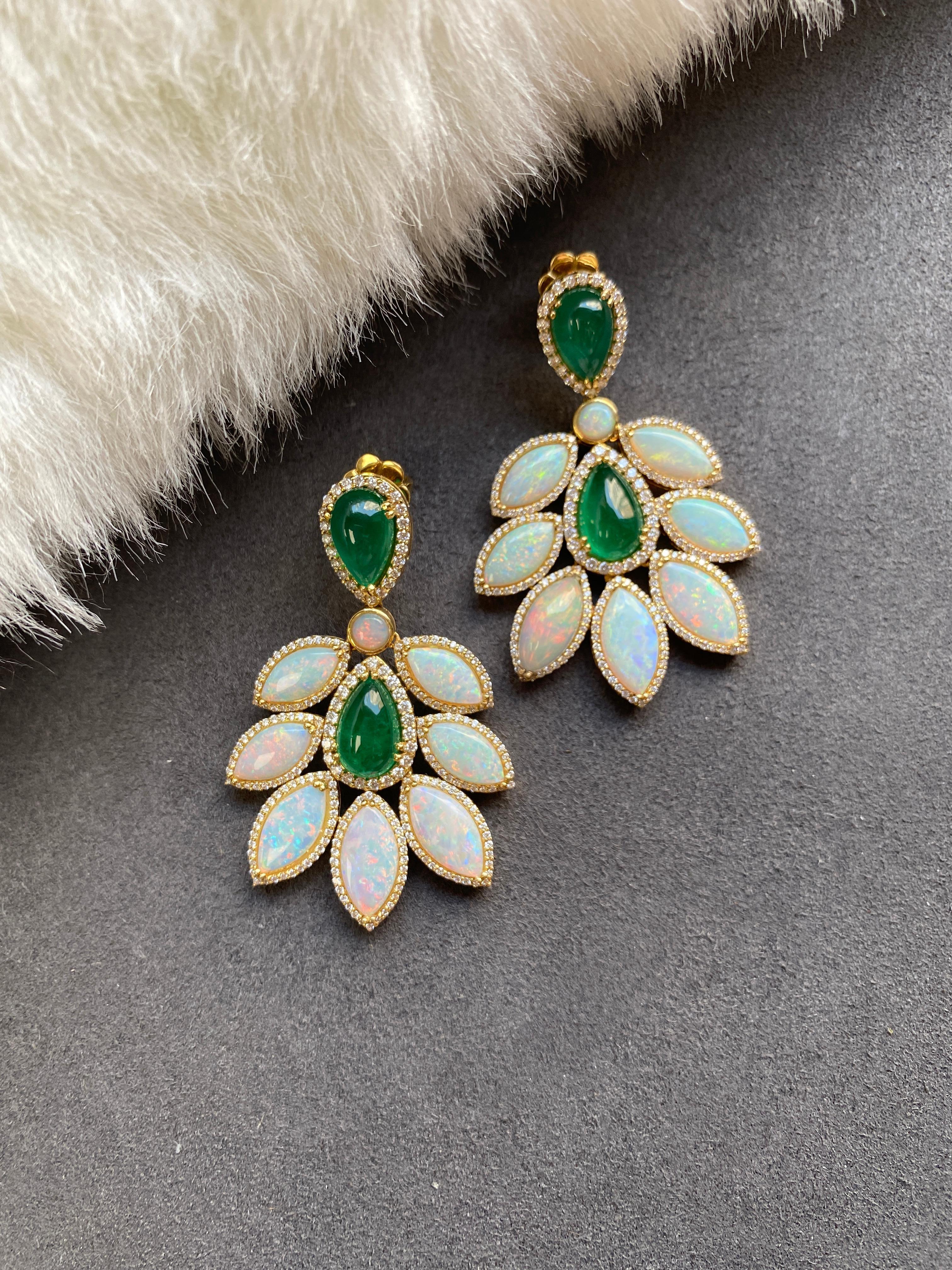 Goshwara Pear Shape Emerald Cabs with Opal Marquise and Diamond Earrings In New Condition For Sale In New York, NY
