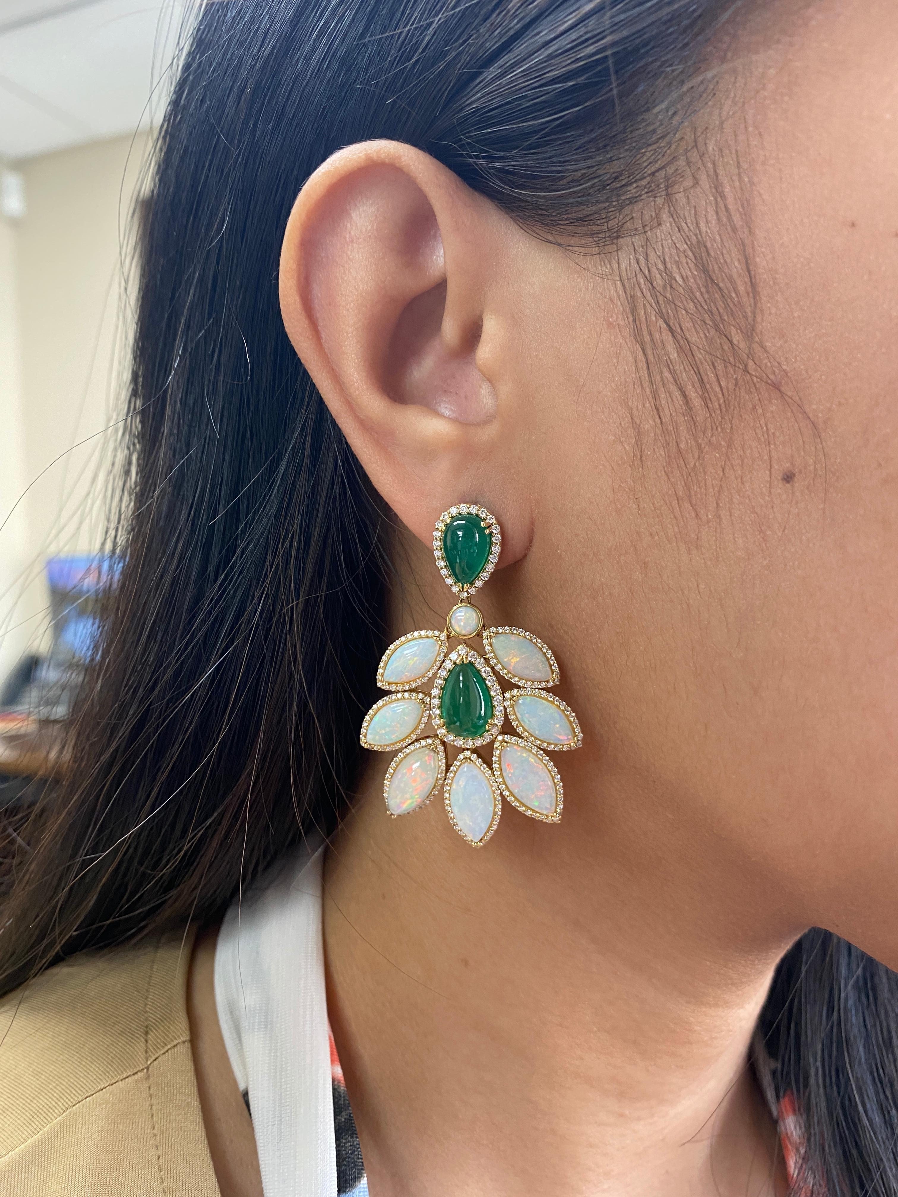 Women's Goshwara Pear Shape Emerald Cabs with Opal Marquise and Diamond Earrings For Sale