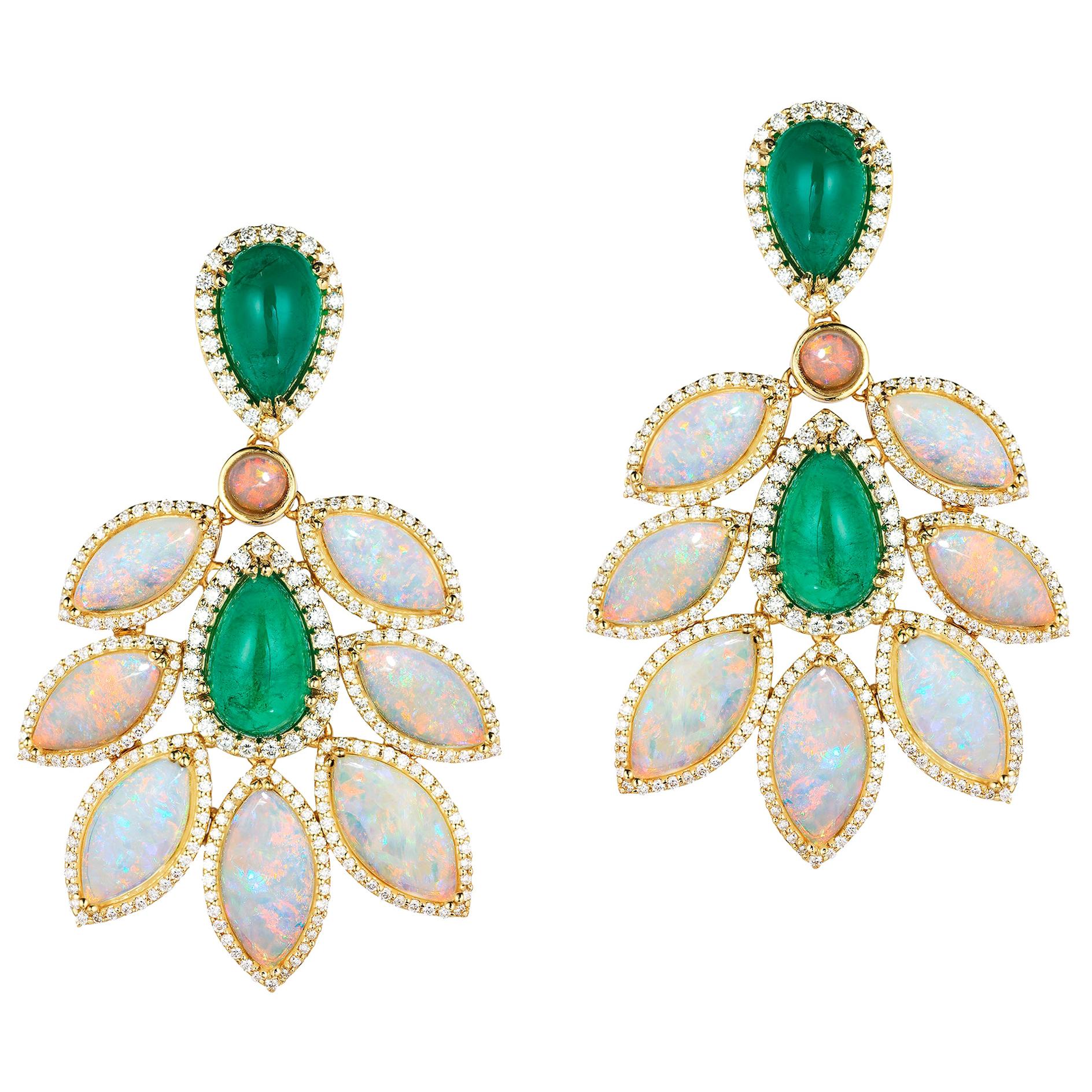 Goshwara Pear Shape Emerald Cabs with Opal Marquise and Diamond Earrings For Sale