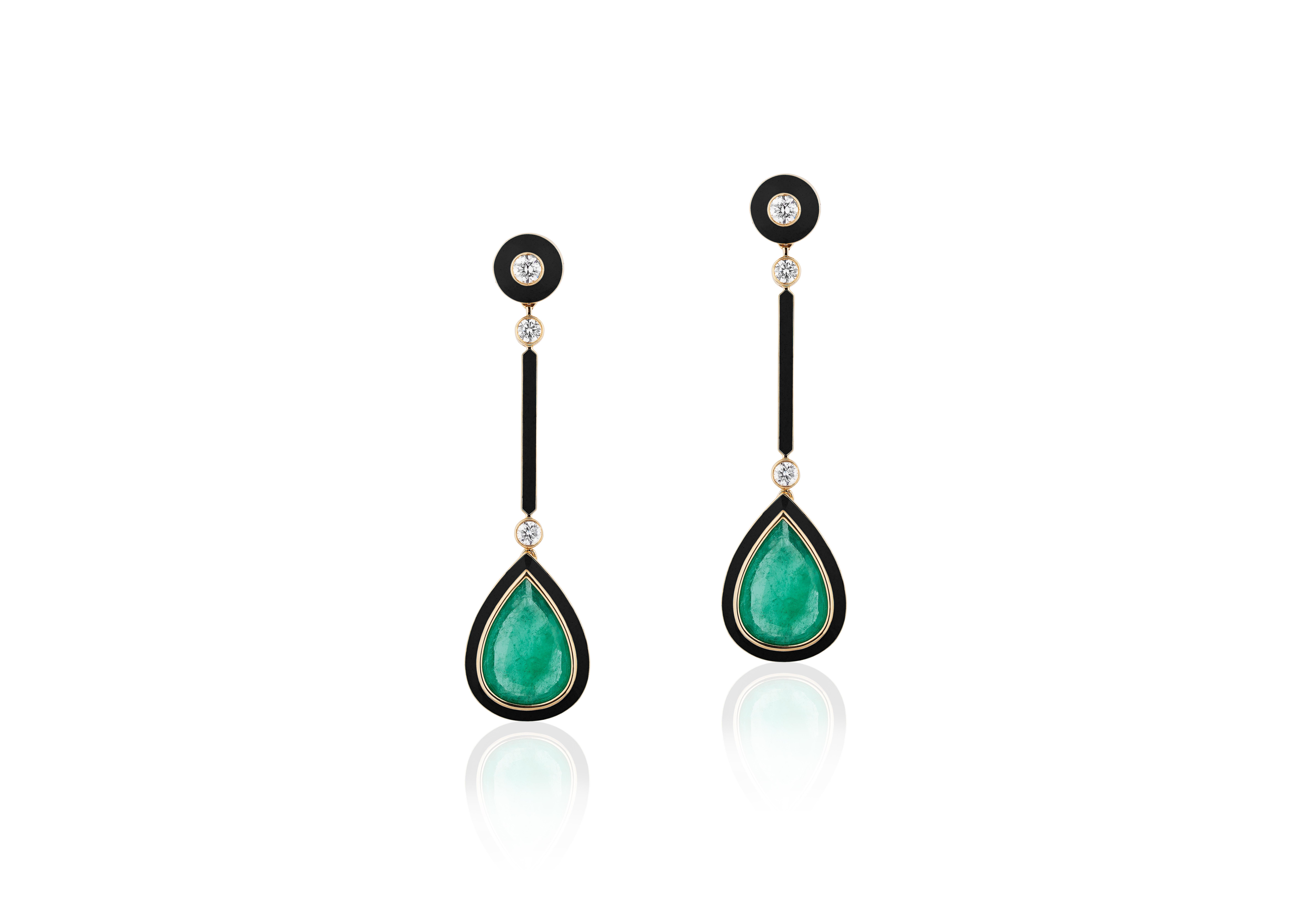 Pear Shape Emerald & Onyx Earrings with Diamonds & Black Enamel in 18K Yellow Gold, from 