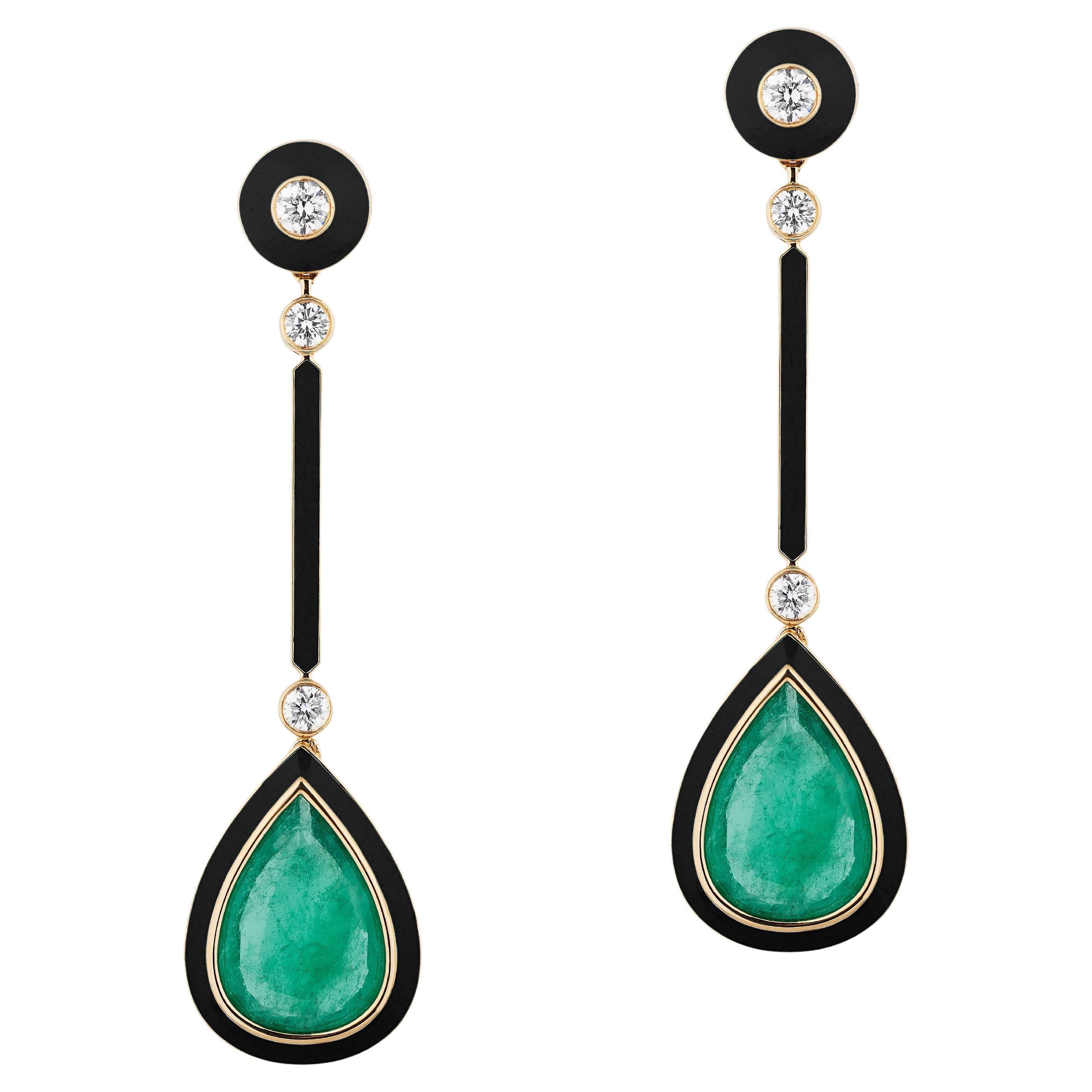 Goshwara Pear Shape Emerald & Onyx with Diamonds & Black Enamel Earrings For Sale