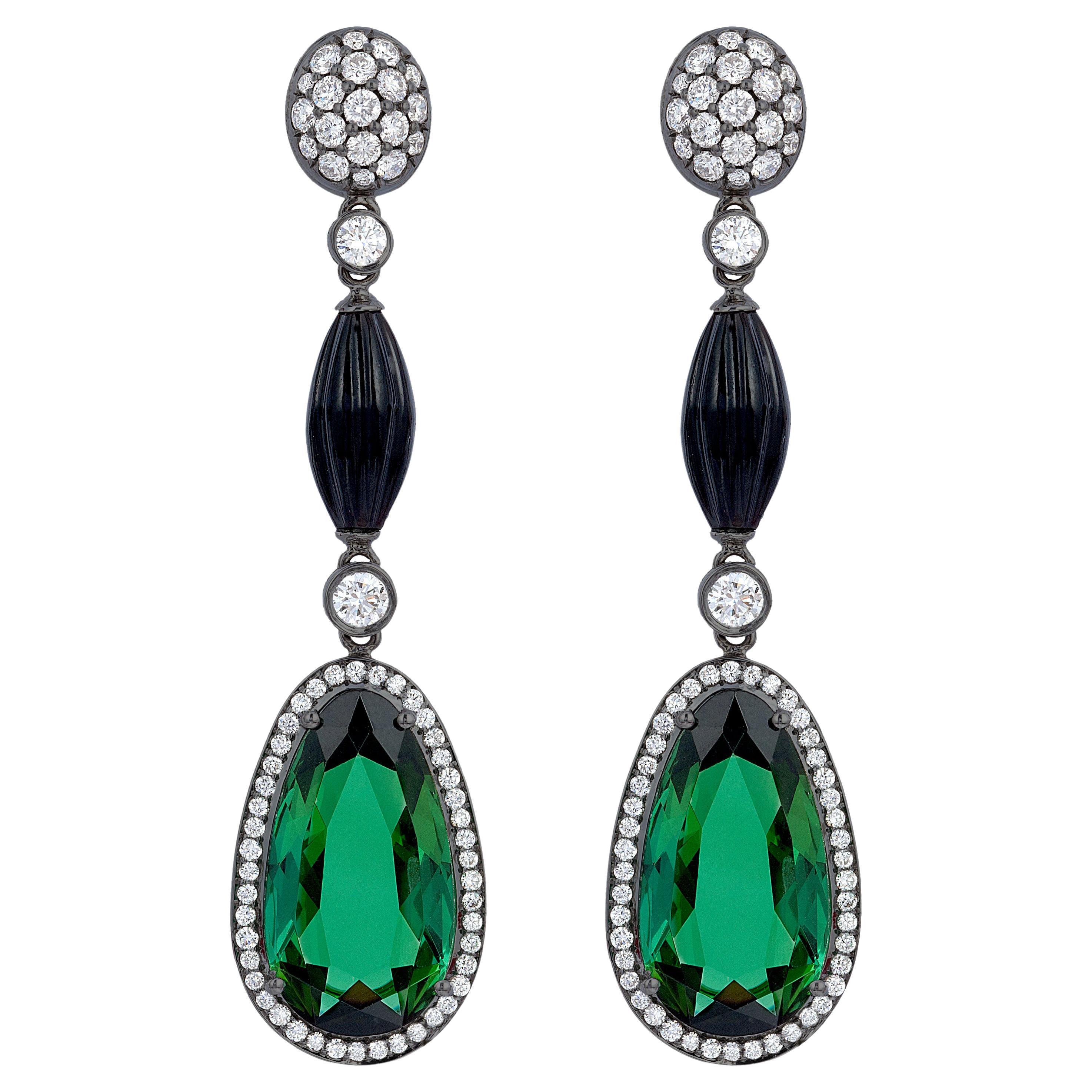 Goshwara Pear Shape Green Tourmaline and Diamond Earrings