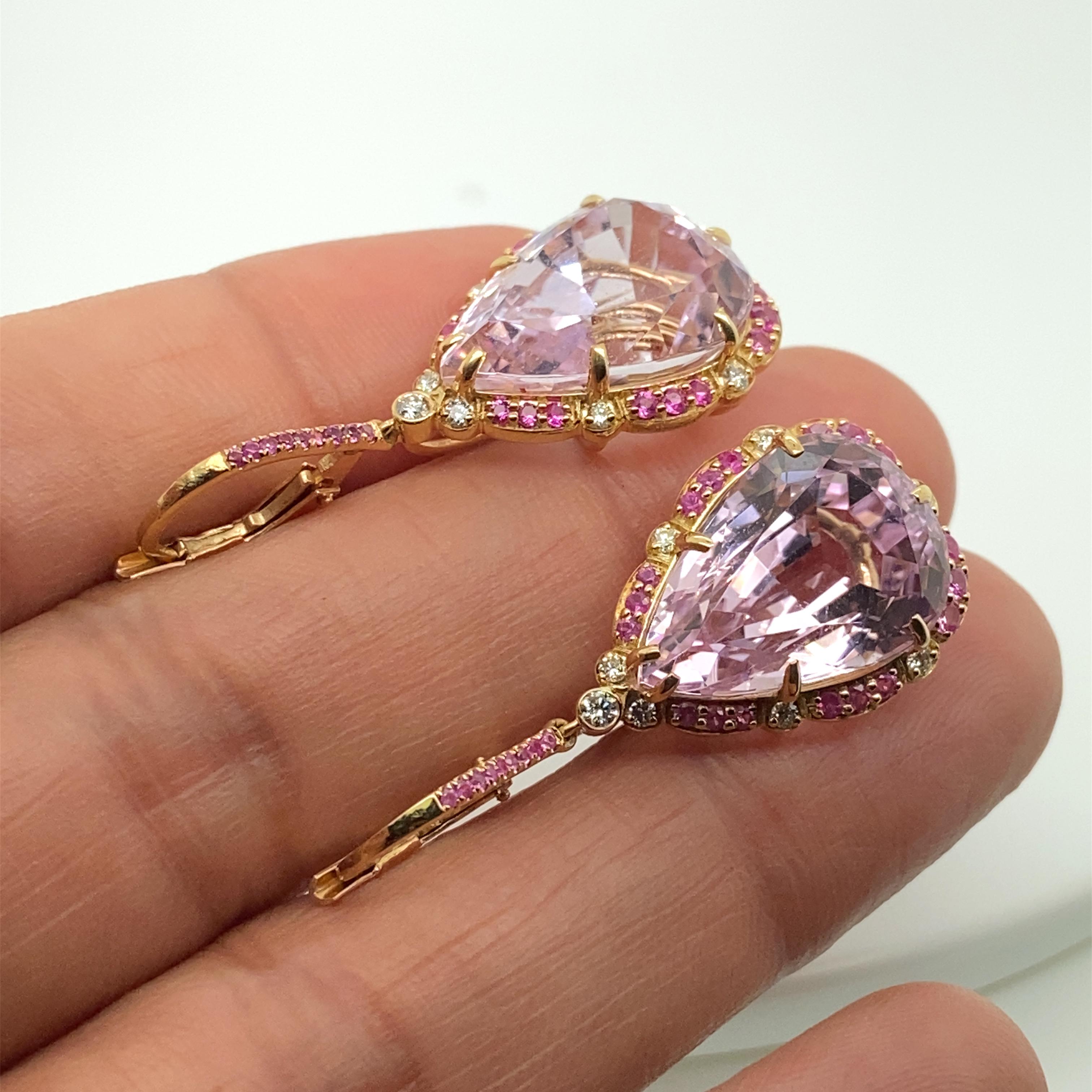 Contemporary Goshwara Pear Shape Kunzite with Diamonds and Pink Sapphire Earrings