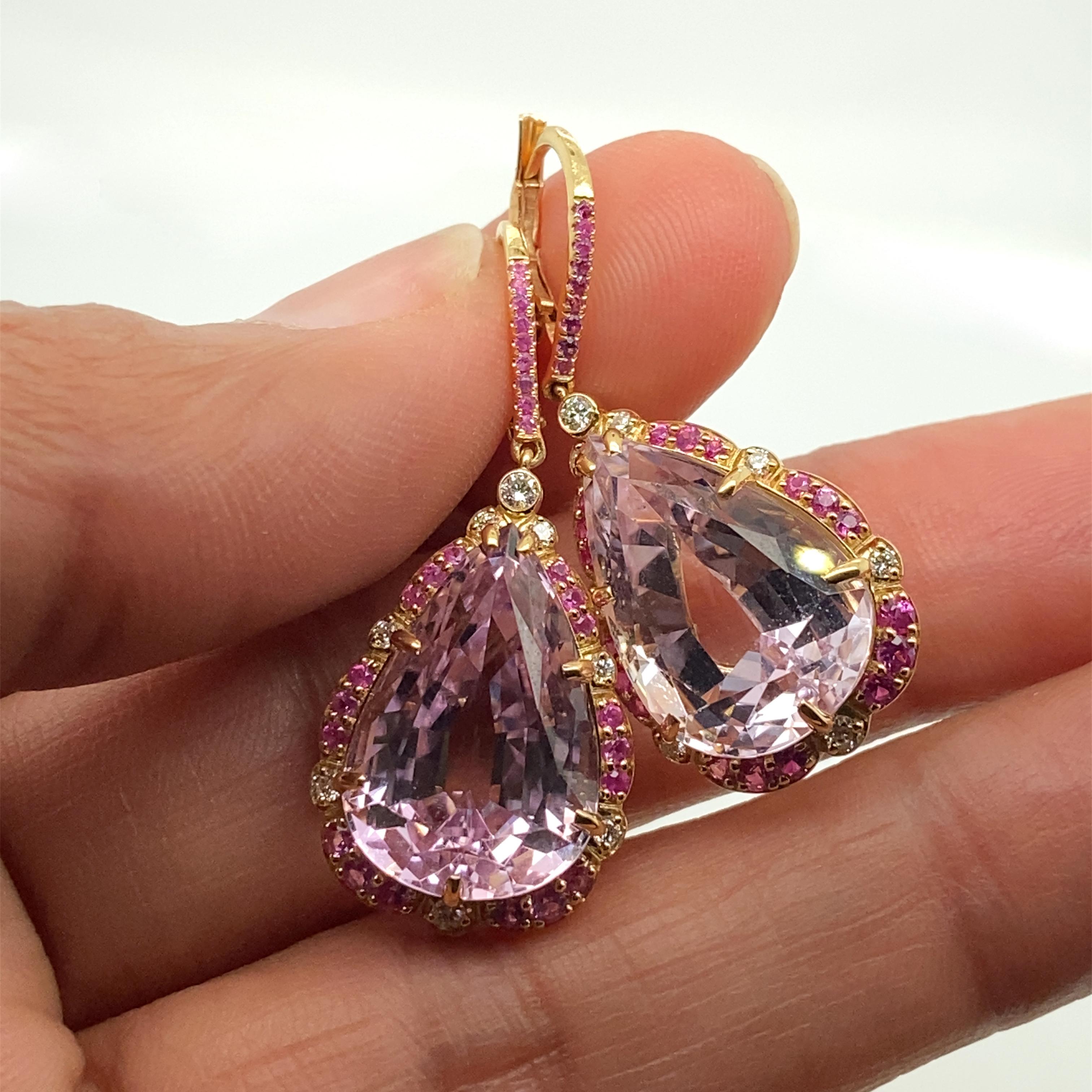 Pear Cut Goshwara Pear Shape Kunzite with Diamonds and Pink Sapphire Earrings