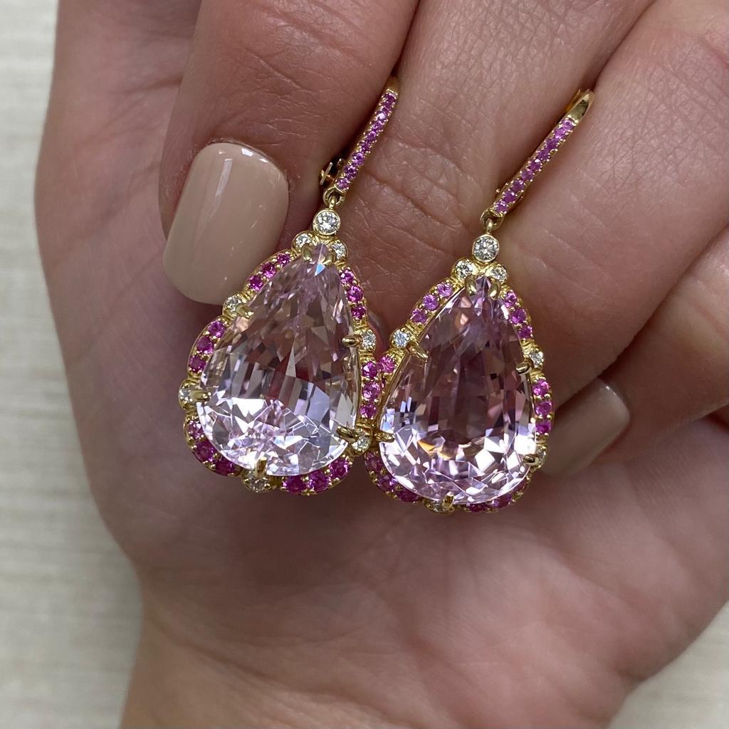 Goshwara Pear Shape Kunzite with Diamonds and Pink Sapphire Earrings In New Condition In New York, NY