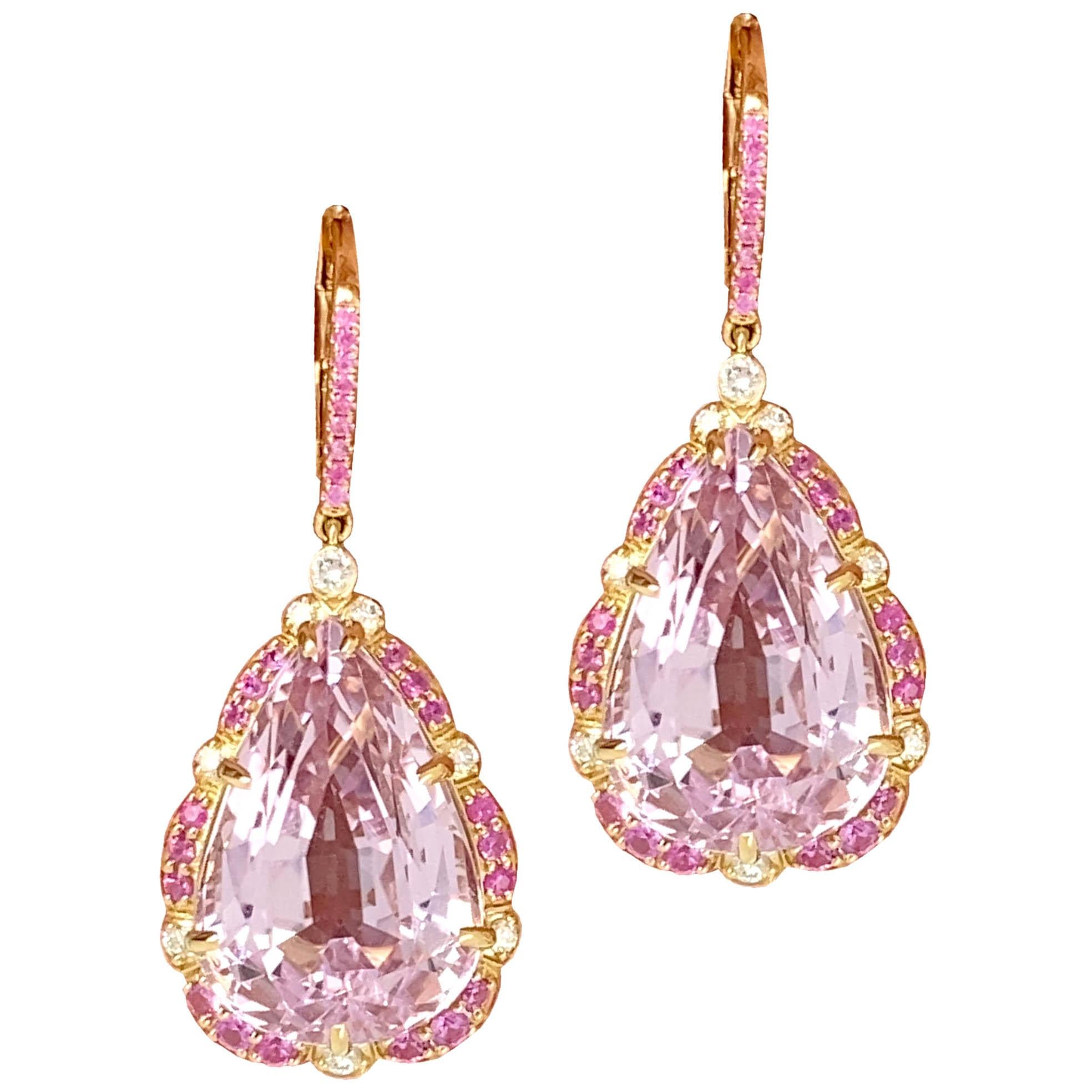 Goshwara Pear Shape Kunzite with Diamonds and Pink Sapphire Earrings
